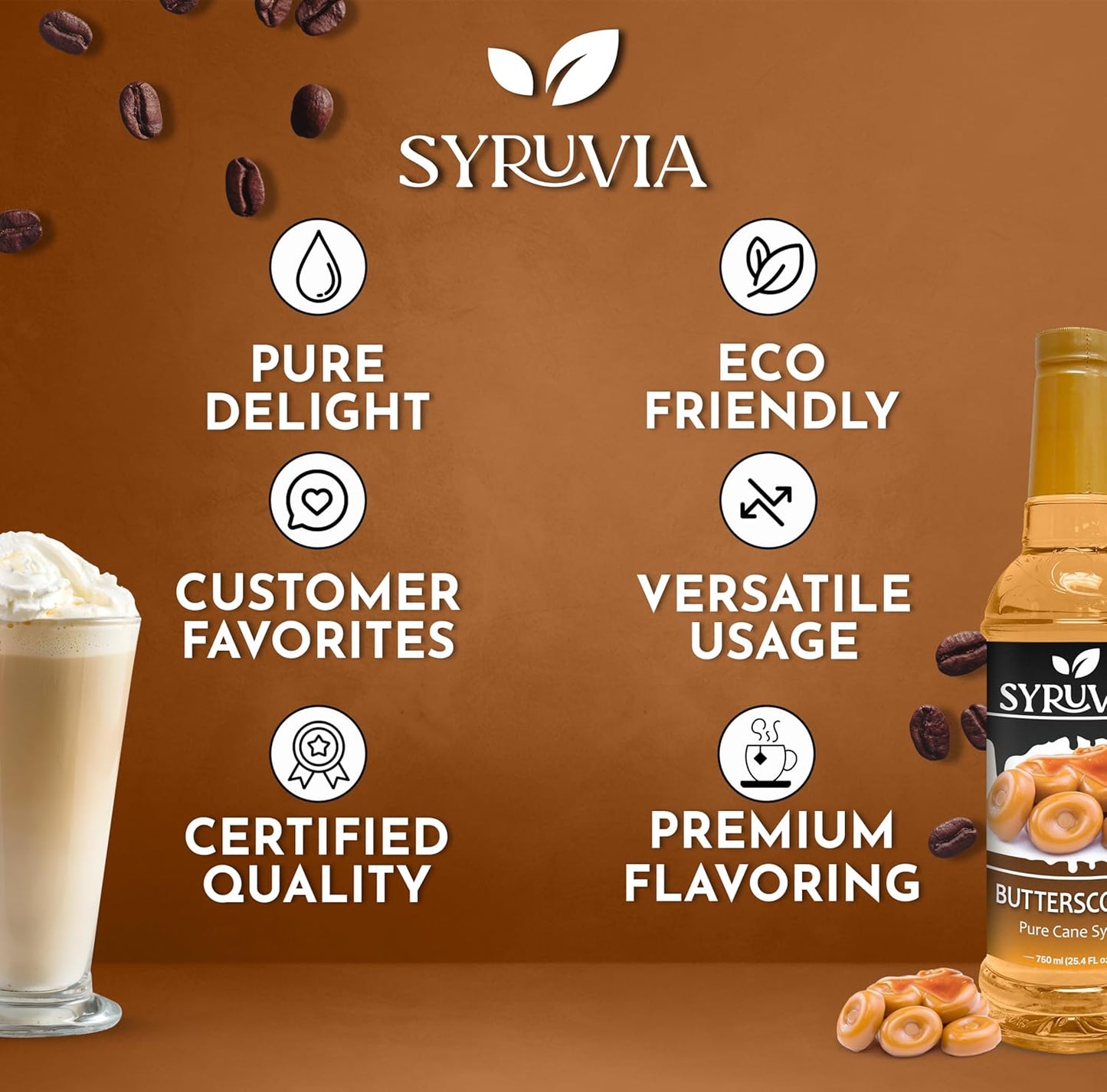 Syruvia Butterscotch Coffee Syrup - 25.4 fl oz. Kosher and Gluten-Free. Perfect for Enhancing Drinks, Sodas, Shakes, Desserts, and More.