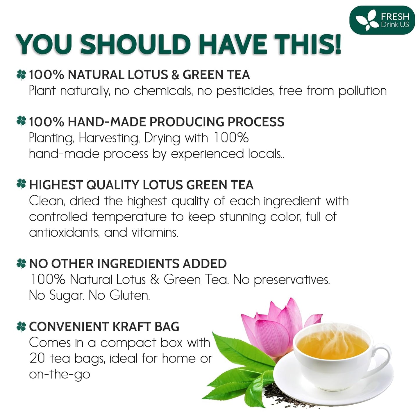FreshDrinkUS, Premium 20 Tea Bags of Lotus Green Tea, 100% Natural. Exquisite Flavor, Handpicked Leaves, Perfect for Tea Lovers. No Sugar, No Gluten, Vegan.
