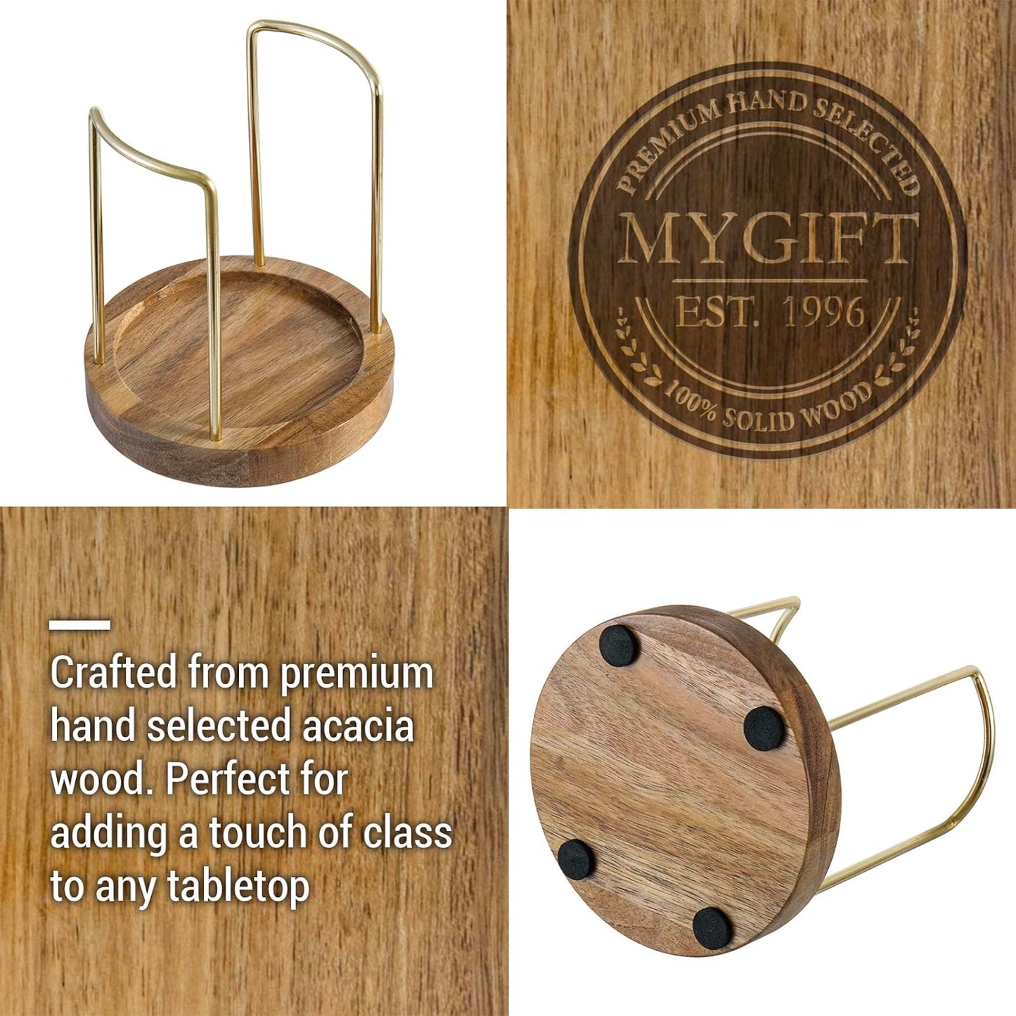 MyGift Premium Acacia Solid Wood and Brass Tone Metal Wire Countertop Plastic Cup Holder, Guest Drink Station Storage, Dispenser for Disposable Coffee Cups