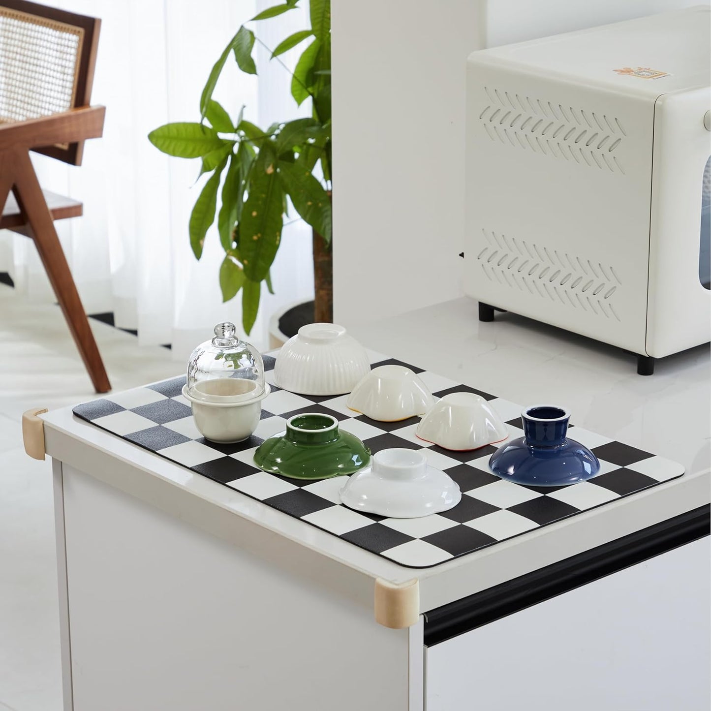 Checkered Dish Drying Mat for Kitchen Counter, Coffee Bar Station Accessories, Retro Cute Aesthetic Modern Absorbent Drainer Mat Kitchen Drying Mat Easy Clean, Black 12" x 19"