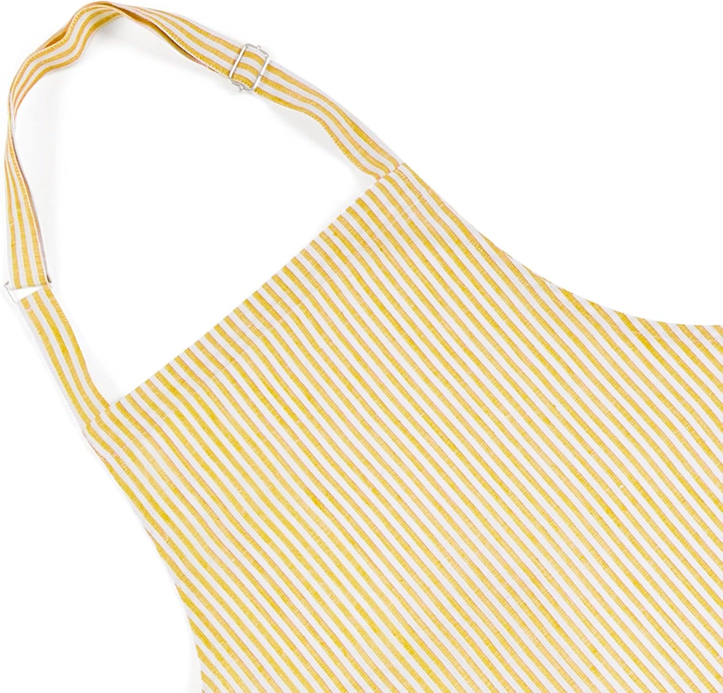 Solino Home 100% Pure Linen Apron for Women & Men - Spicy Mustard and White Stripe Full Midi Bib Apron, Adjustable Neck Strap with Center Pockets for Kitchen, Chef - Handcrafted from European Flax