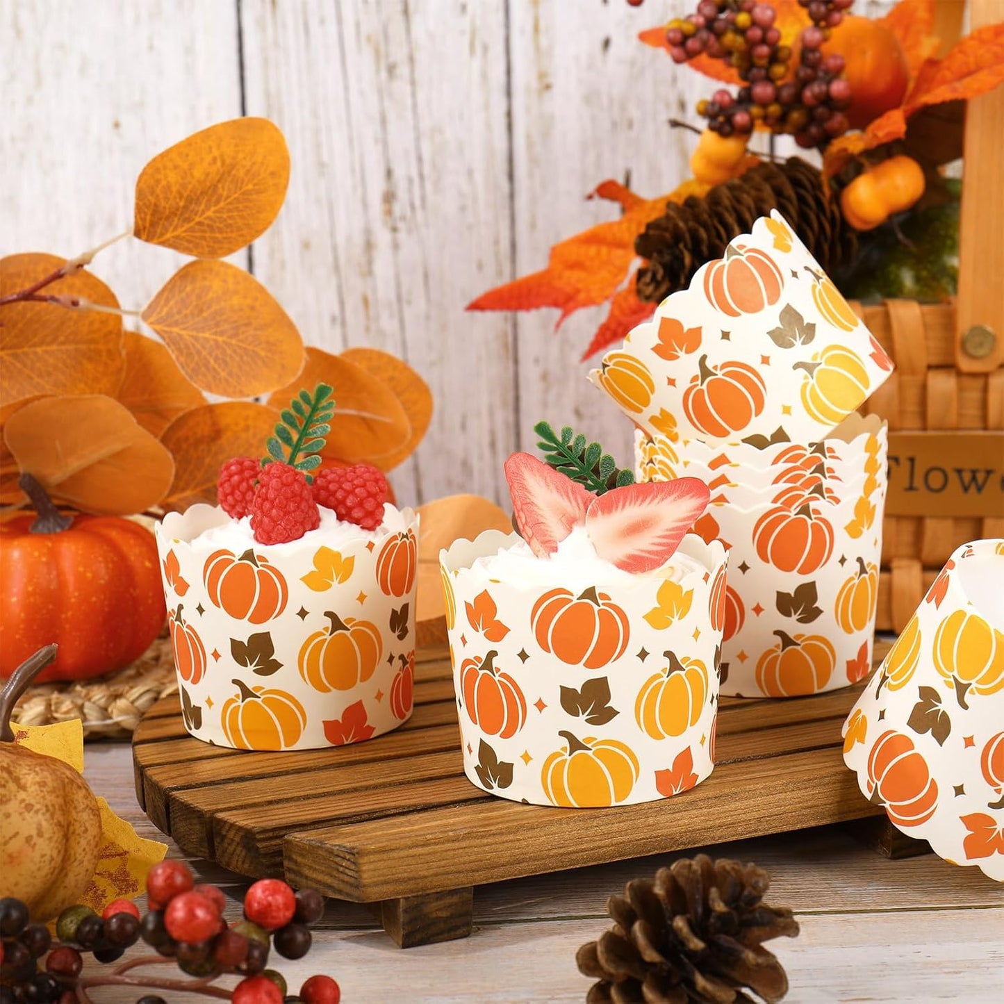 Whaline 100Pcs Fall Paper Baking Cups Pumpkin Maple Leaf Cupcake Wrappers Orange Yellow Brown Scalloped Edge Cupcake Muffin Cases for Autumn Thanksgiving Dessert Decoration