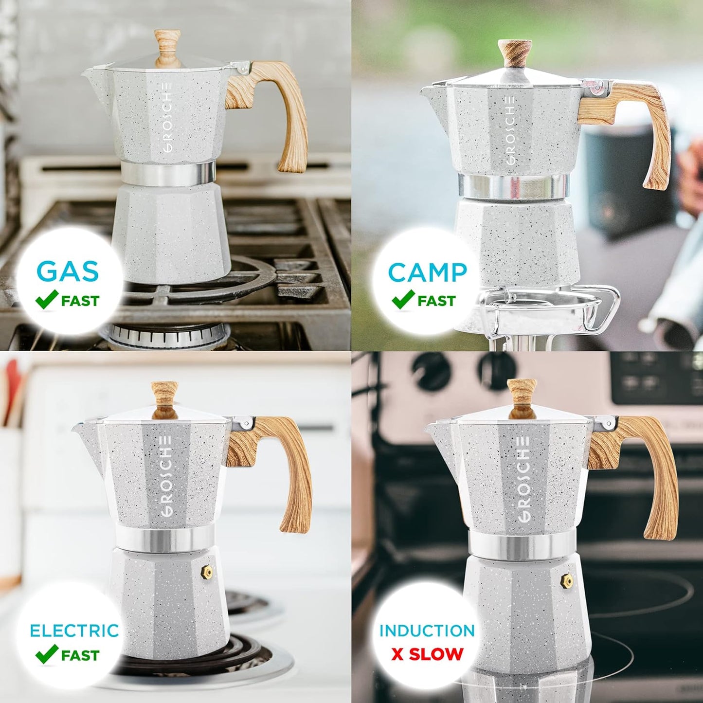 GROSCHE Milano Moka pot, Stovetop Espresso maker, Greca Coffee Maker, Stovetop coffee maker and espresso maker percolator (Grey, 9 cup)