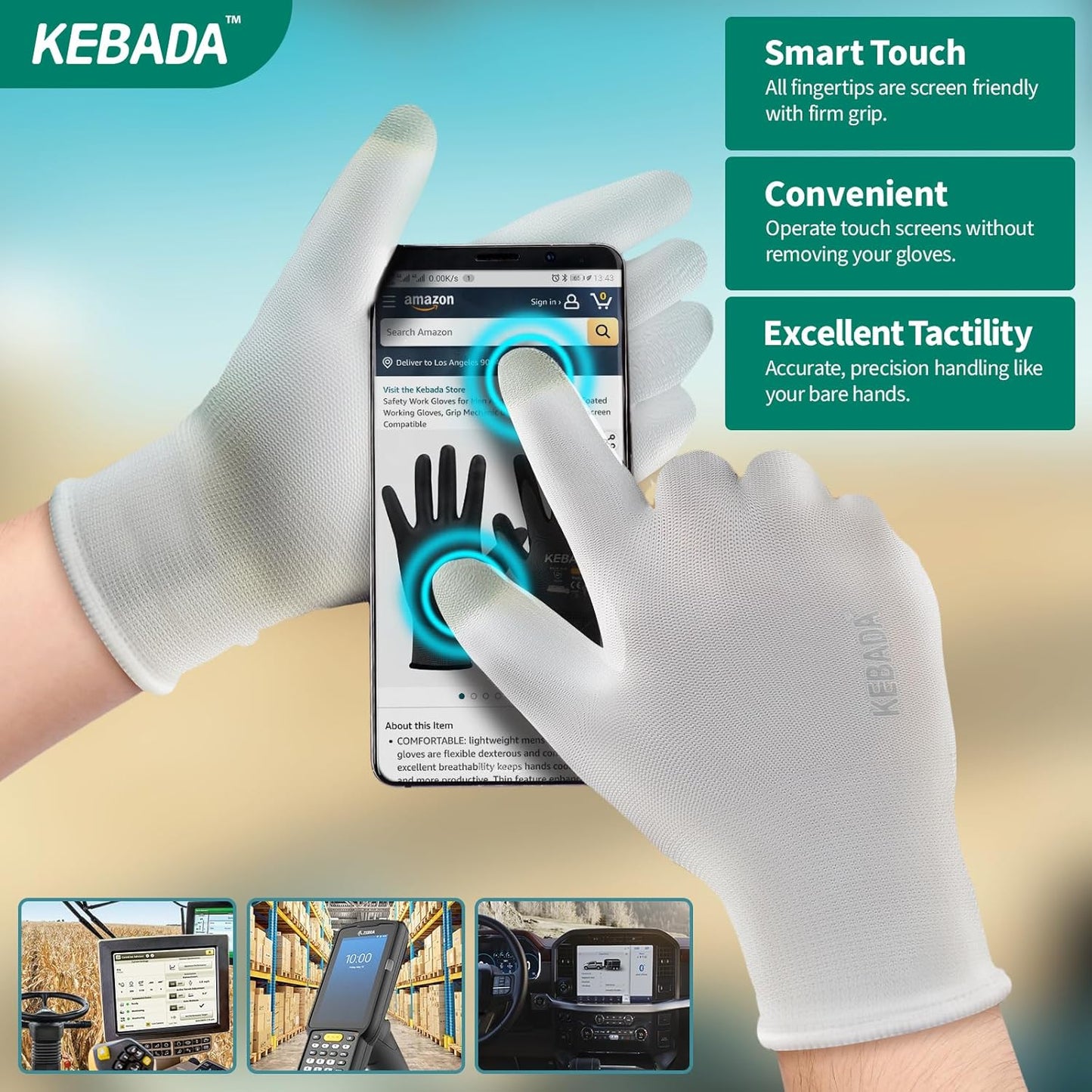 Kebada W1 Work Gloves for Men and Women, PU Coated Safety Gloves with Grip, Touchscreen, Ideal for Warehouse Package Handling, Construction, Gardening, White Medium