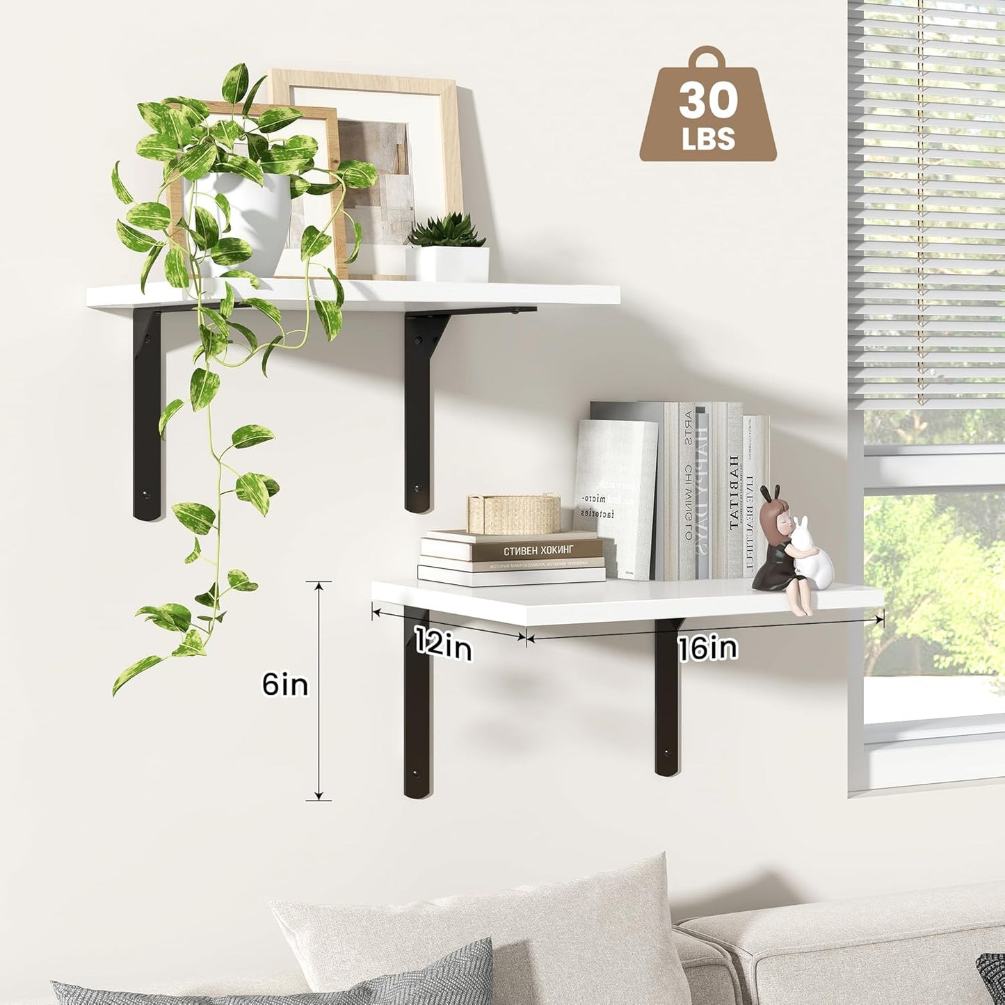 Fun Memories Floating Shelves for Wall, 12 Inch Deep Floating Shelves Set of 2, Wall Mounted Shelf with Metal Brackets, Rustic Wood Wide Shelf for Bathroom, Kitchen and Living Room, White, 16W x 12D