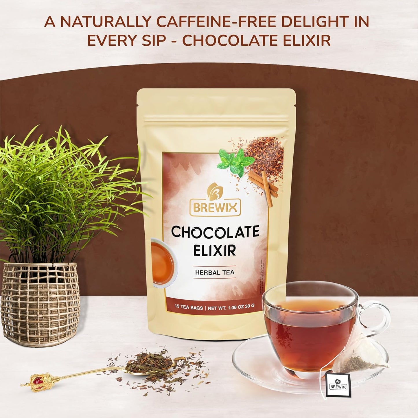 BREWIX, Chocolate Rooibos Herbal Tea Bags, (15 Pyramid Tea Bags) | Red Tea with Cocoa | Rooibos, Cinnamon, Spearmint, Peppermint Tea | Naturally Caffeine-Free