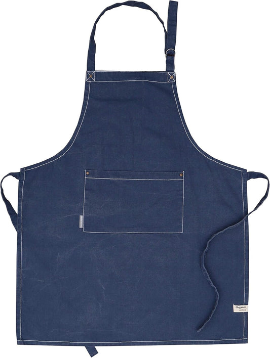 AMOUR INFINI Cotton Solid Aprons for Women with Pocket, Adjustable Strap and Waist Ties Washed Chef Aprons for Cooking, Baking and Gardening (27.5x33 Inches - Blue)