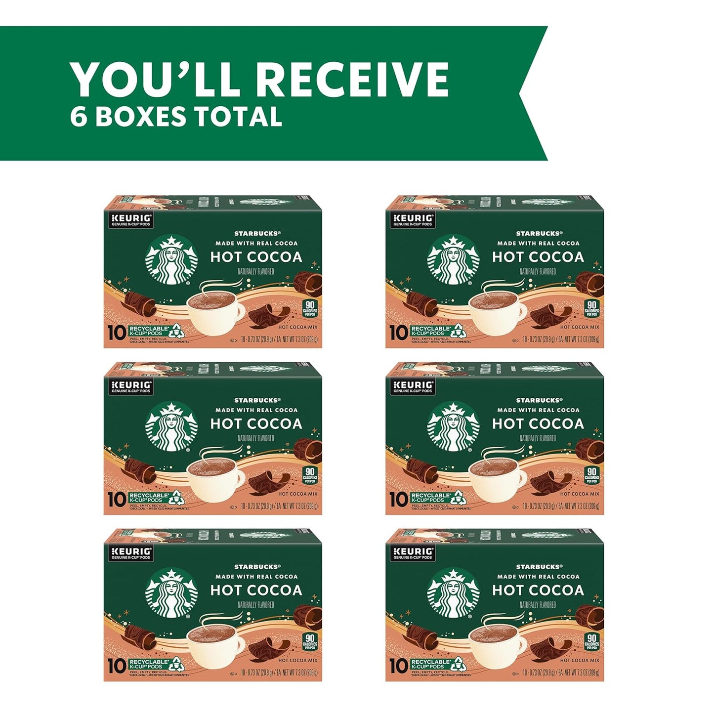 Starbucks Coffee K-Cup Pods, Naturally Flavored Hot Cocoa For Keurig Coffee Makers, 6 Boxes (60 Pods Total)