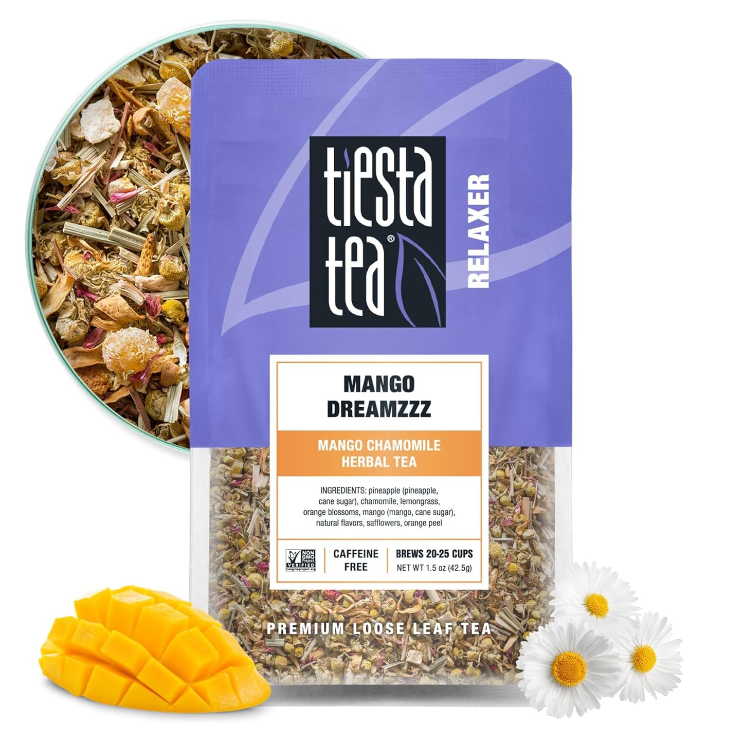 Tiesta Tea - Mango Dreamzzz Chamomile Loose Leaf Herbal Tea, Relaxing Chamomile & Lemongrass Blend, Caffeine-Free, Brew Hot or Iced, Makes Up to 25 Cups, Resealable Pouch, 1.5 Ounce
