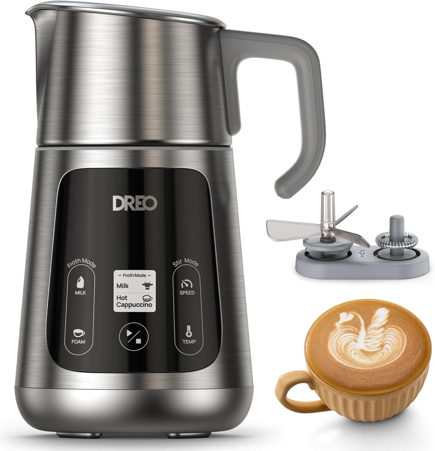 Dreo All-in-1 BaristaMaker Milk Frother, Electric Foam Frother for Latte Art Microfoam and Coffee, 15oz/450ml Automatic Milk Warmer with 30 Drinks, Dishwasher Safe, Dairy/Plant-Based Milk