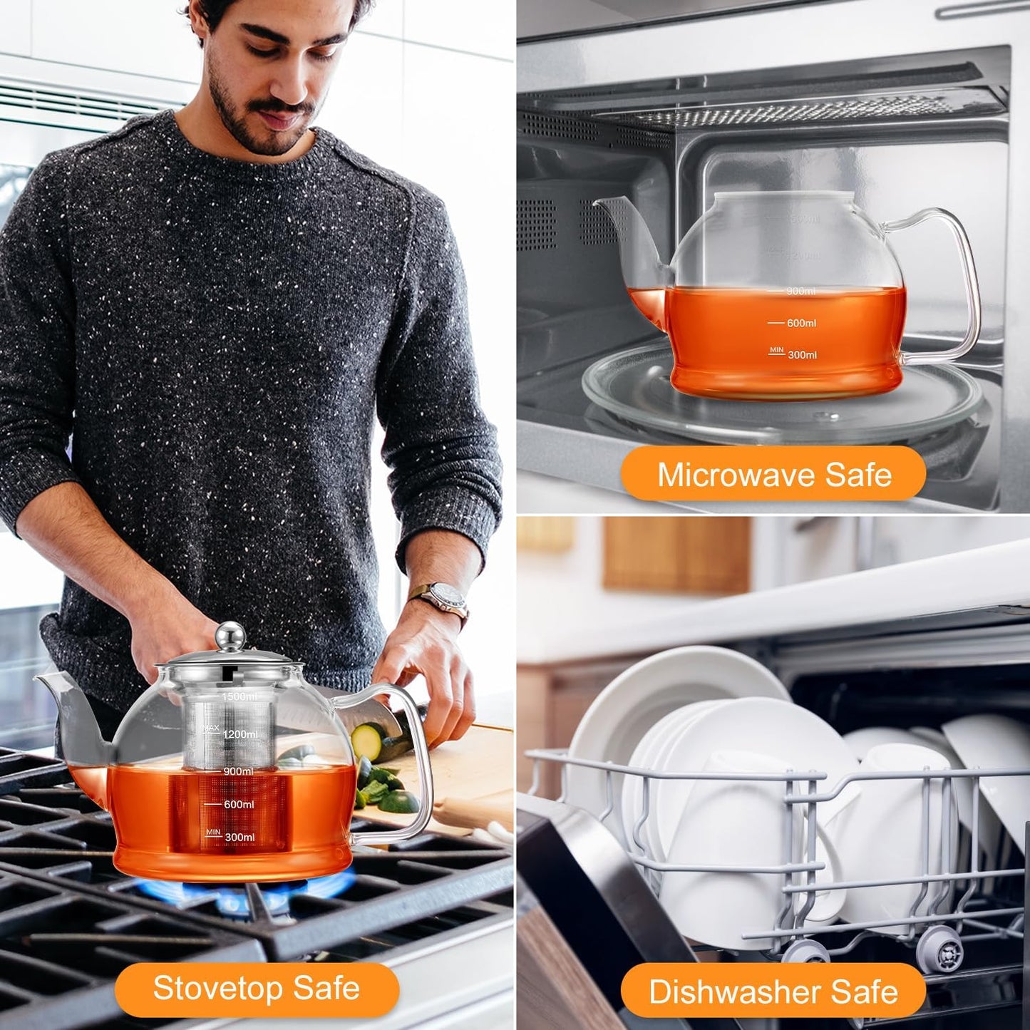 STNTUS Glass Teapot, 52 oz / 1500 ml for Loose Tea, Teapot with Infusers for Loose Tea, Stainless Steel Strainer, Tea Pot for Stove,