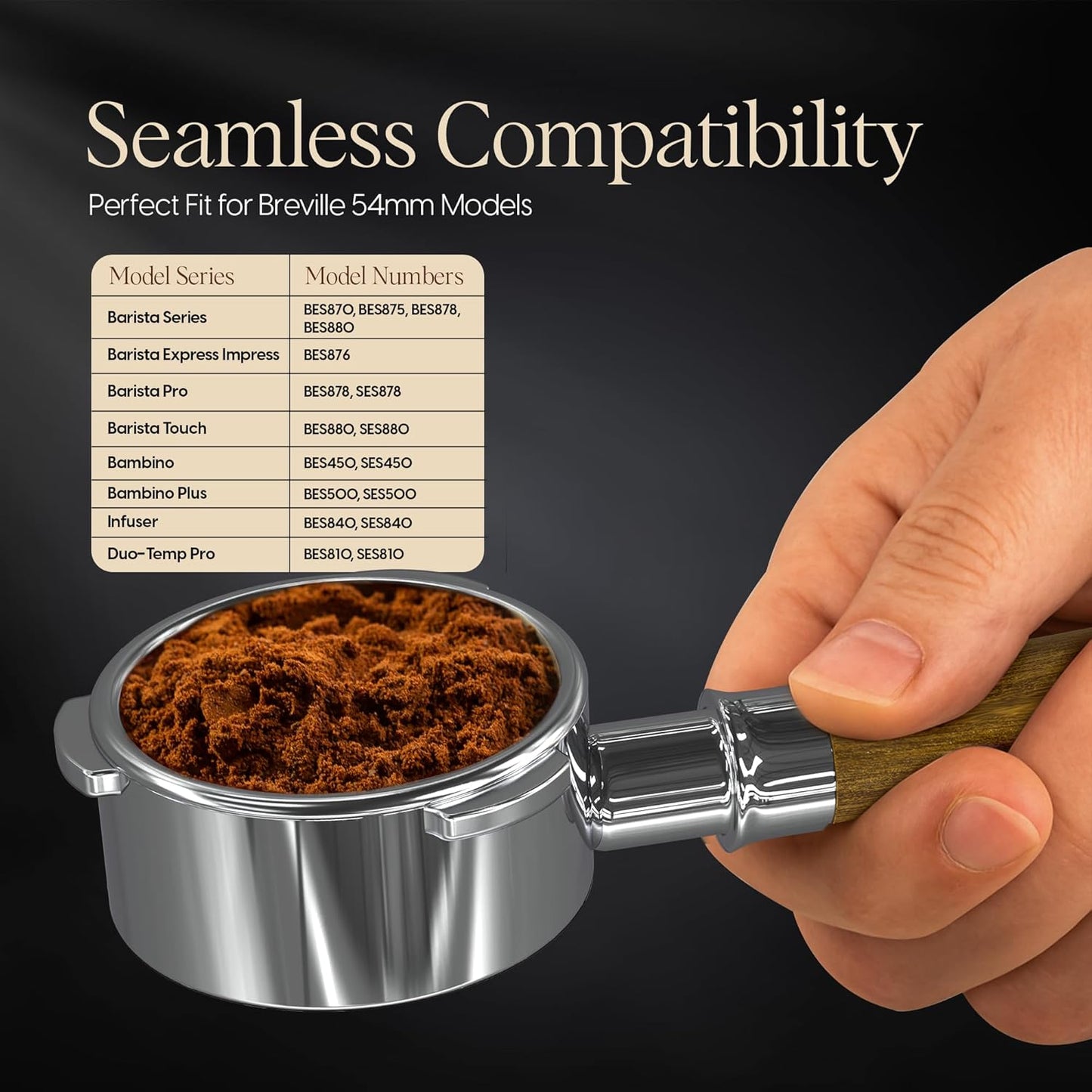 Bottomless Portafilter 54mm - Stainless Steel Filter Basket and Ergonomic Mahogany Wood Handle - Compatible with Breville 54mm Bottomless Portafilter Coffee Machine Models