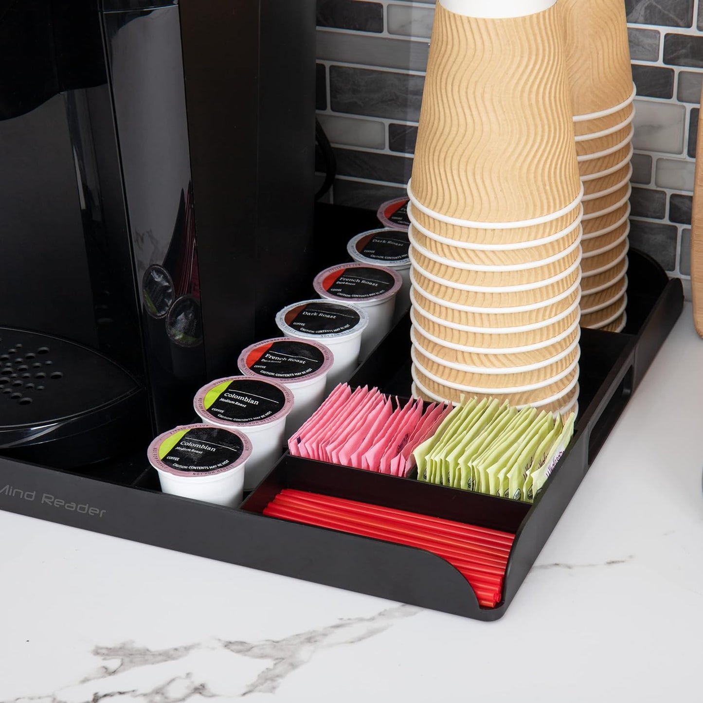 Mind Reader Coffee Station Serving Tray, 7 Pod Capacity Countertop Organizer, Storage, 17.5" L x 13.25" W x 1.25" H, Single, Black