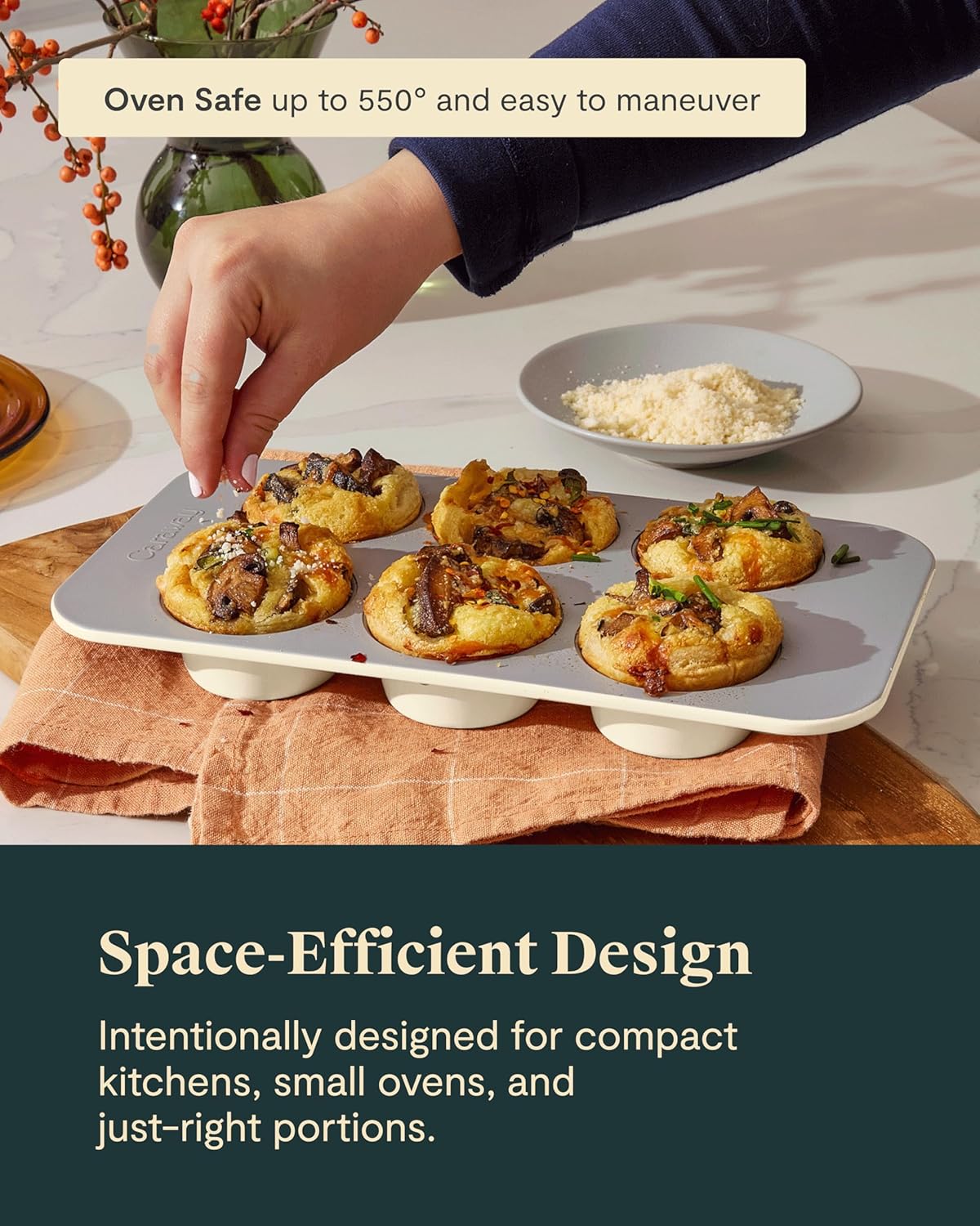 Caraway Nonstick Ceramic 6 Cup Muffin Pan Duo – Non-Toxic, PTFE & PFOA Free – Oven Safe – Aluminized Steel Core – Small Muffin Pan for Baking Cupcakes, Muffins & More - Perracotta