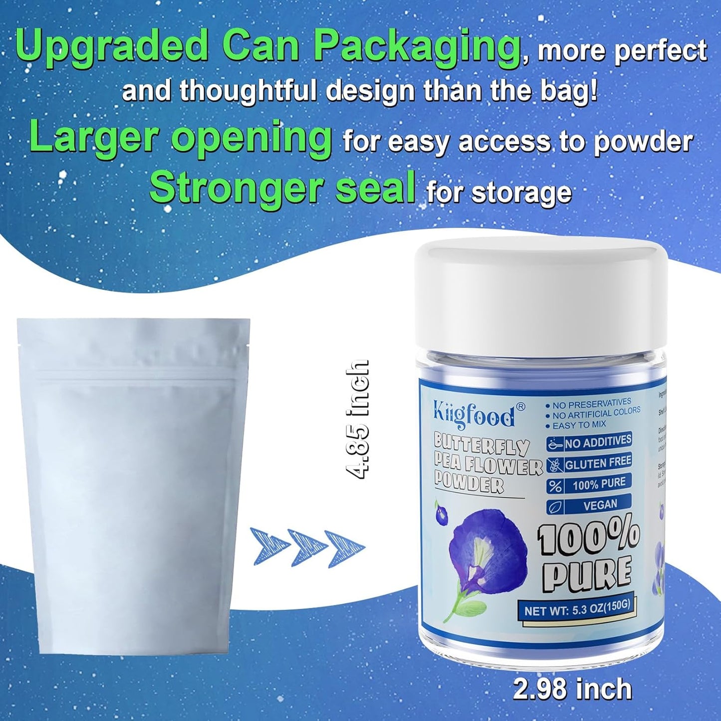Butterfly Pea Flower Powder - Kiigfood 5.3 oz/150g Pure Natural Blue & Purple Food Coloring, Butterfly Pea Powder for Drinks, Smoothies, Cocktail, Baking, Pasta - Vegan, Gluten-Free, Non-GMO