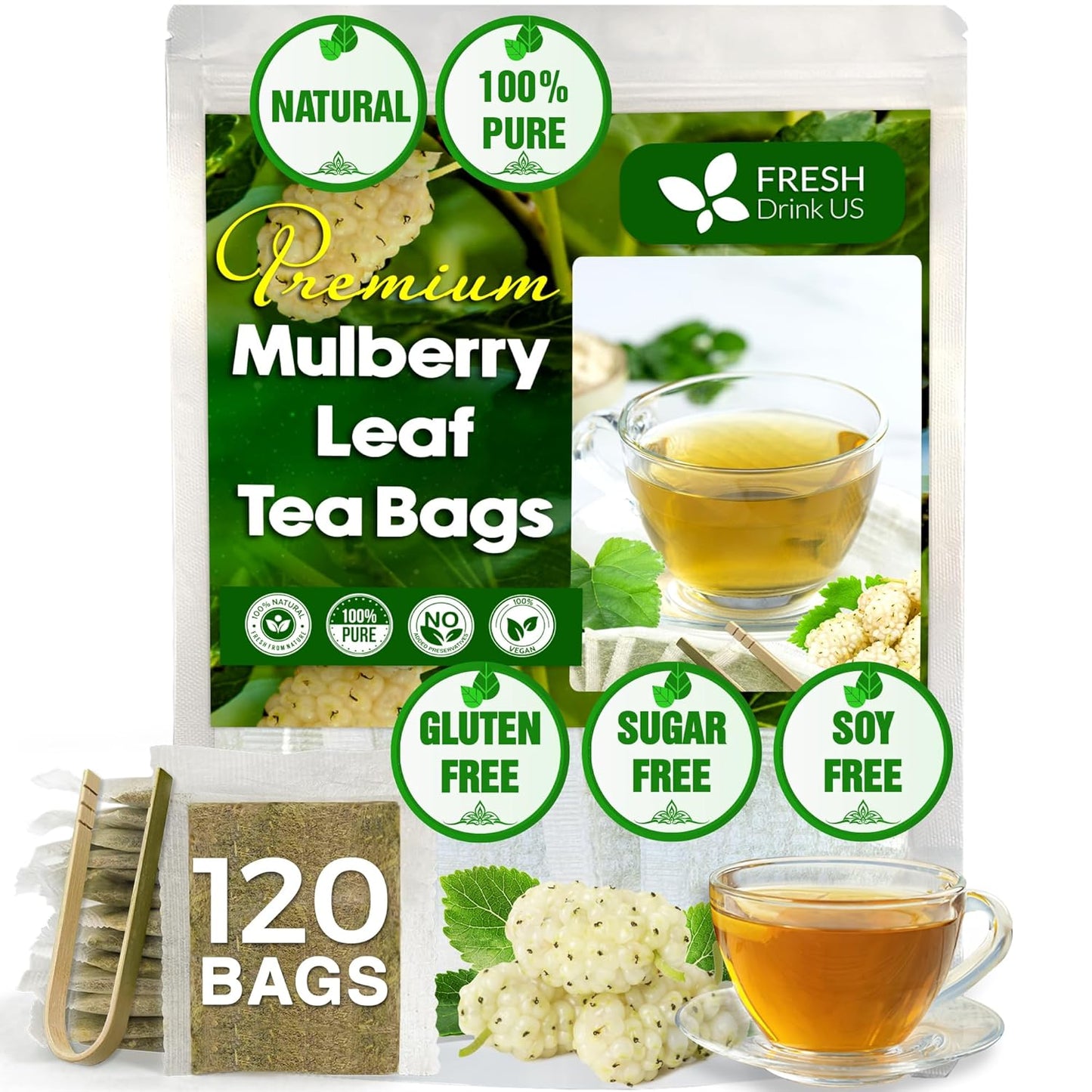 FreshDrinkUS Premium 120 Mulberry Leaf Tea Bags, 100% Natural & Pure. Loose Leaf Herbal Tea. Made with Natural Material Tea Bags. No Sugar, No Caffeine, No Gluten, Vegan