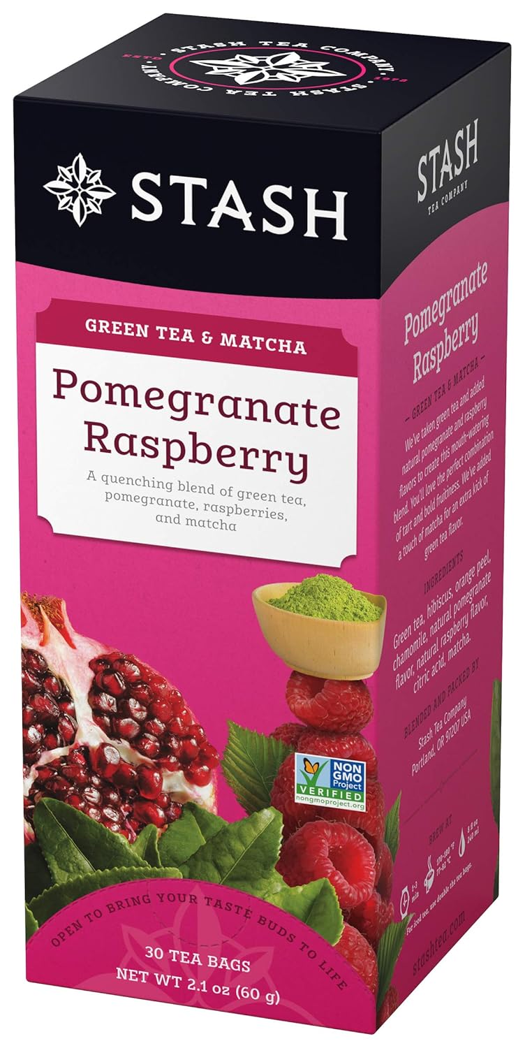 Stash Tea Pomegranate Raspberry Green Tea - Caffeinated, Non-GMO Project Verified Premium Tea with No Artificial Ingredients, 30 Count (Pack of 6) - 180 Bags Total