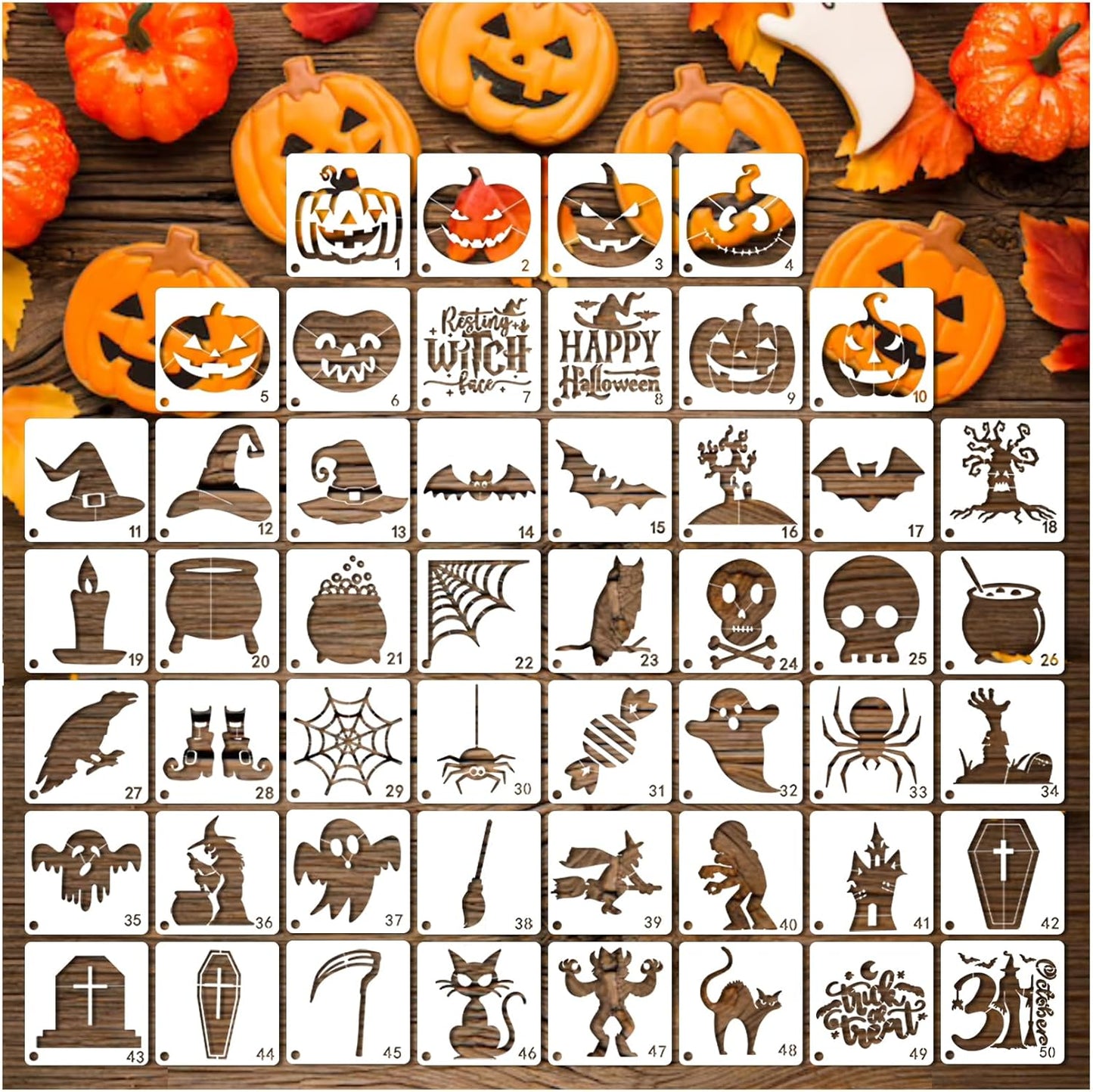 50 PCS Small Reusable Halloween Stencils, 3x3 Inch for Painting on Wood DIY Crafts Ornaments & Decoration (50pcs 3in)