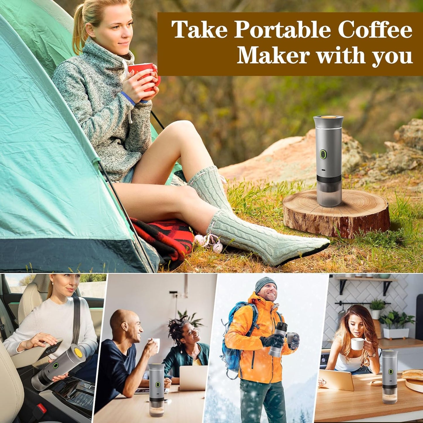3-in-1 Portable Espresso Maker, Travel Coffee Maker, Self-Heating Car Coffee Maker with USB-C, Small Espresso Machine with Ground Coffee & Capsules (NS＆DG) for RV, Hiking, Office (silver)