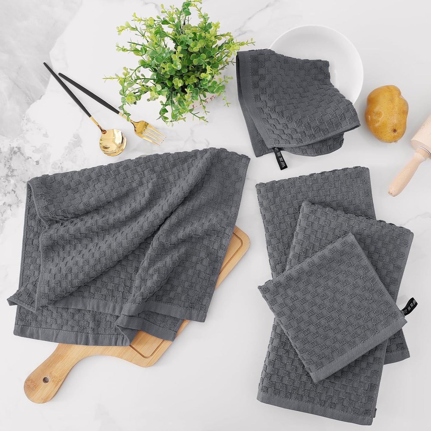 Fintale 100% Cotton Kitchen Towels and Dishcloths Set, 12 x 12 & 15 x 25 Inches, Set of 12 Bulk Super Soft and Absorbent Terry Cloth Dish Towels, Quick Drying Hand Towels with Hanging Loop, Dark Grey