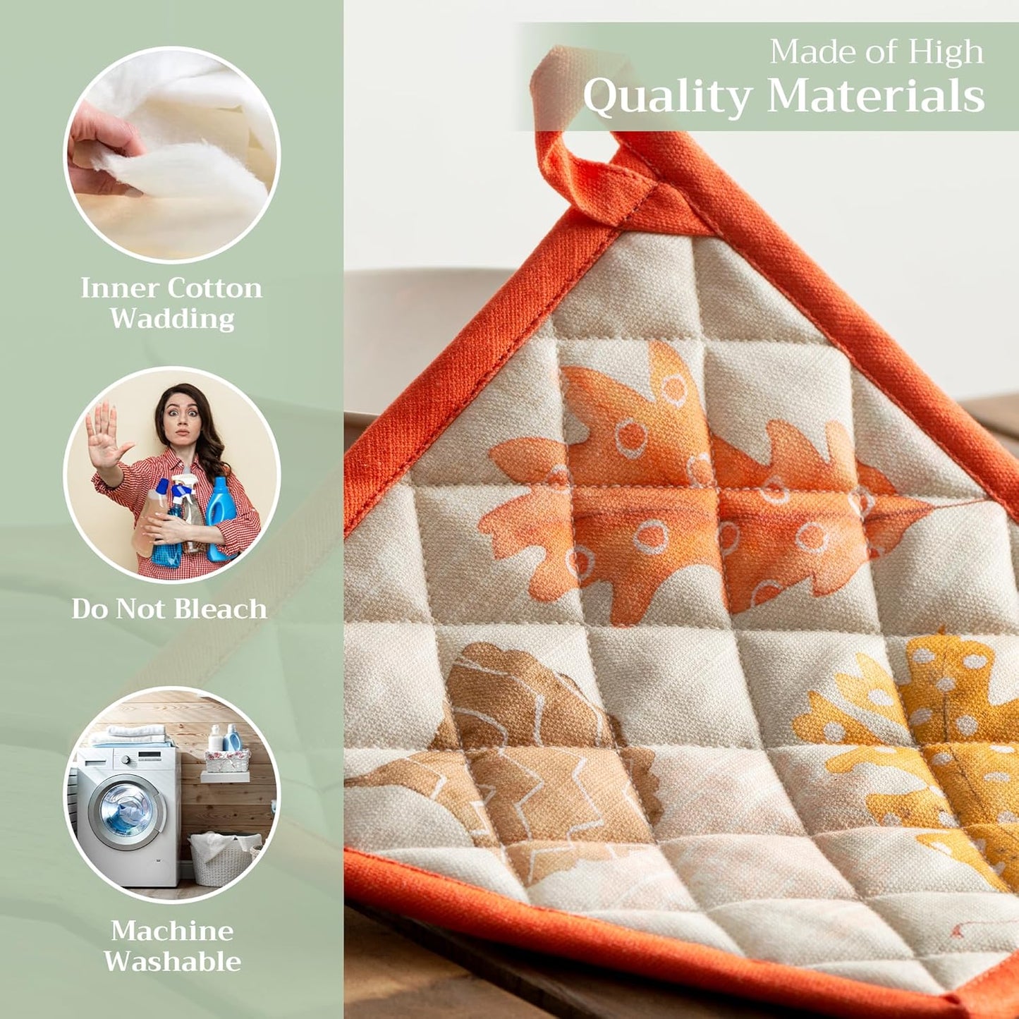 Maison d' Hermine Pot Holders Set 100% Cotton Heat Resistant Potholders 8" x 8" Hot Pads with Loop BBQ, Cooking, Baking, Grilling, Kitchen, Handling Hot Pans (Pack of 2, Colors of Autumn)