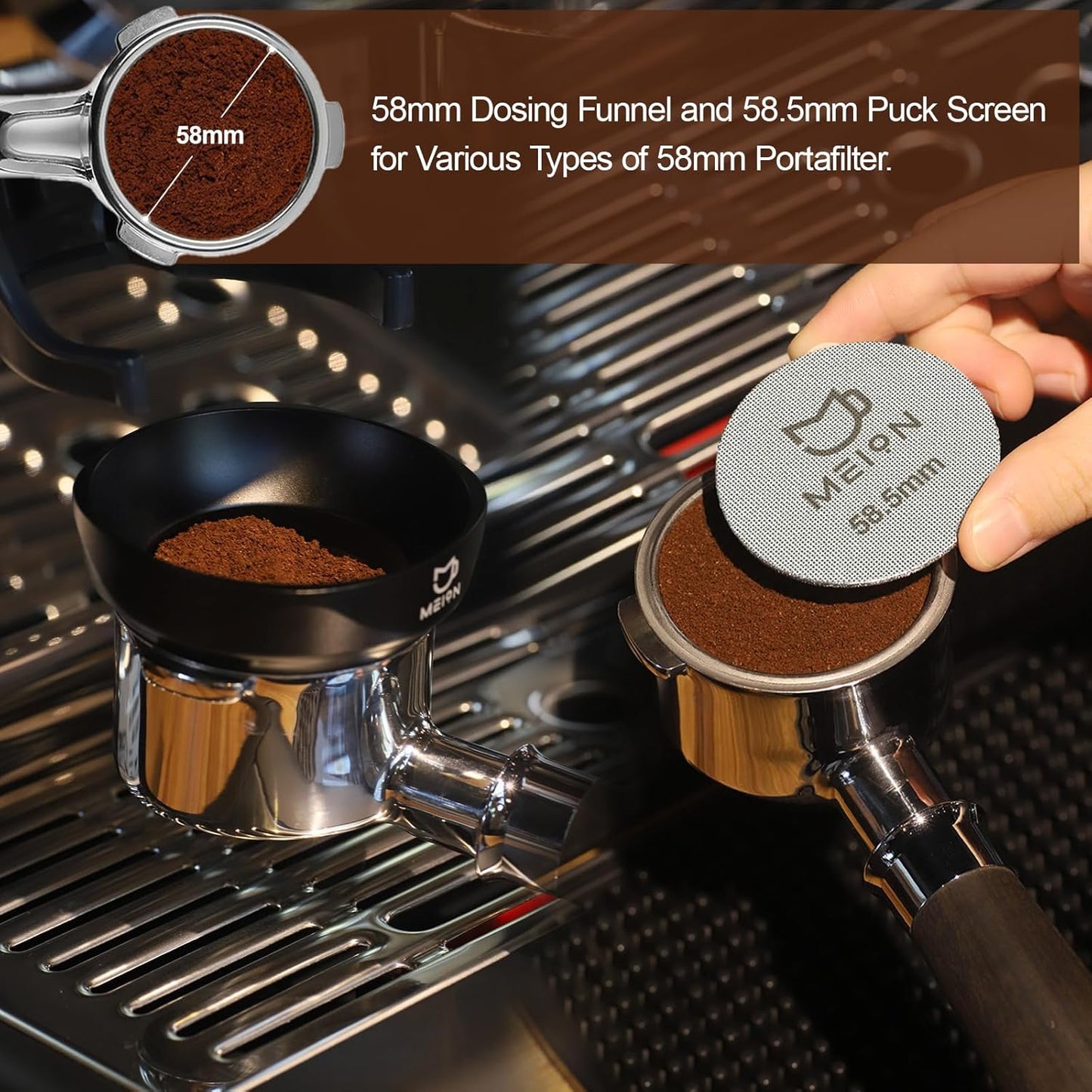 MEION 58mm Espresso Dosing Funnel and 58.5mm Puck Screen Set for 58mm Portafilters, Magnetic Coffee Portafilter Funnel, Reusable Espresso Puck Screen, Espresso Tools Espresso Accessories (58mm, Black)
