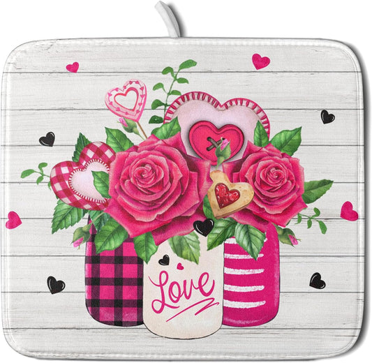 Valentine's Day Rose Flower Dish Drying Mat for Kitchen Counter,Mason Jar Pink Love Heart Drying Mat 16 x 18 Inch with High Absorbent Microfiber Drainer Mat for Coffee Bar