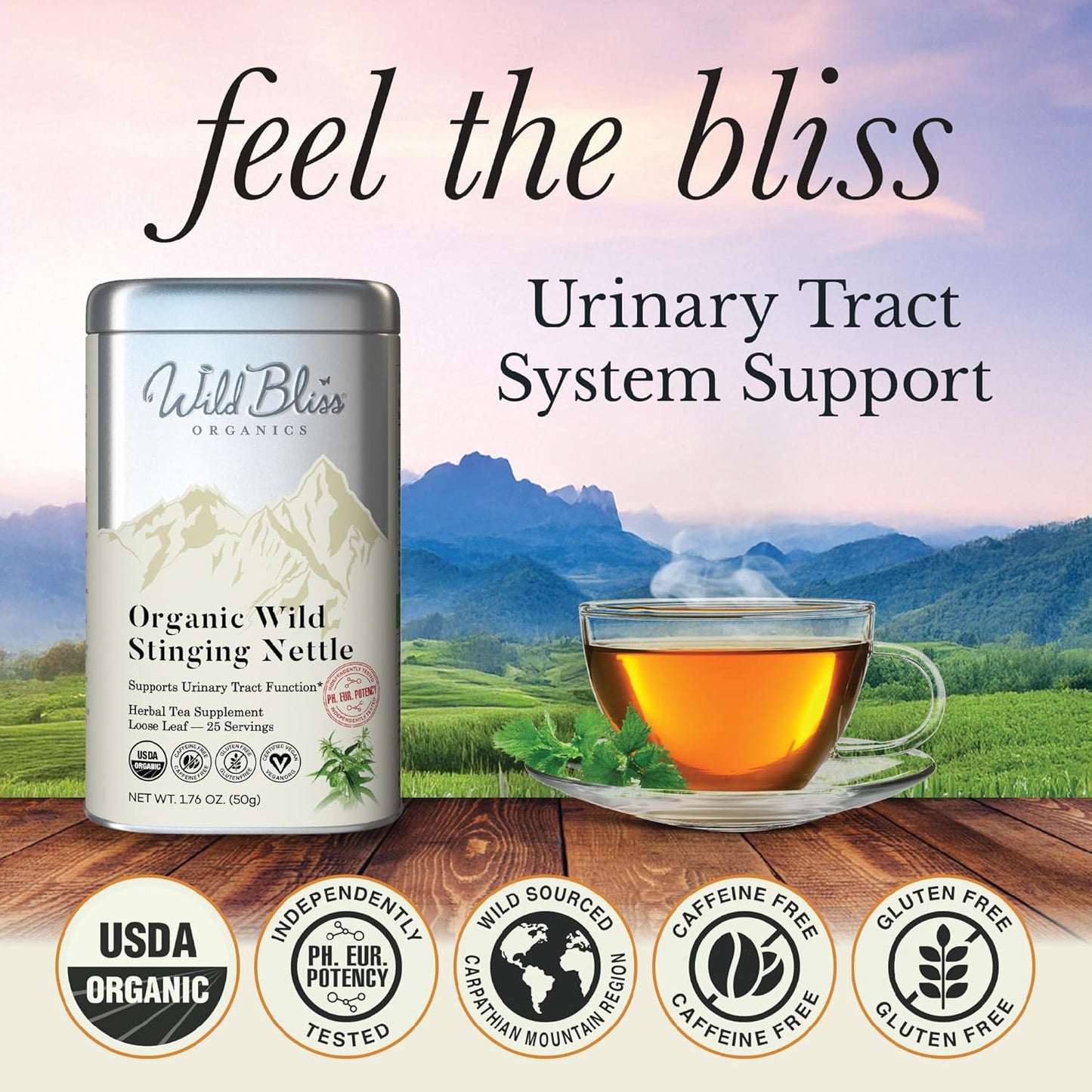 Wild Bliss Organic Wild Stinging Nettle Leaf Tea - Caffeine Free Loose Leaf Herbal Tea - 1.76 Oz - 25 Servings