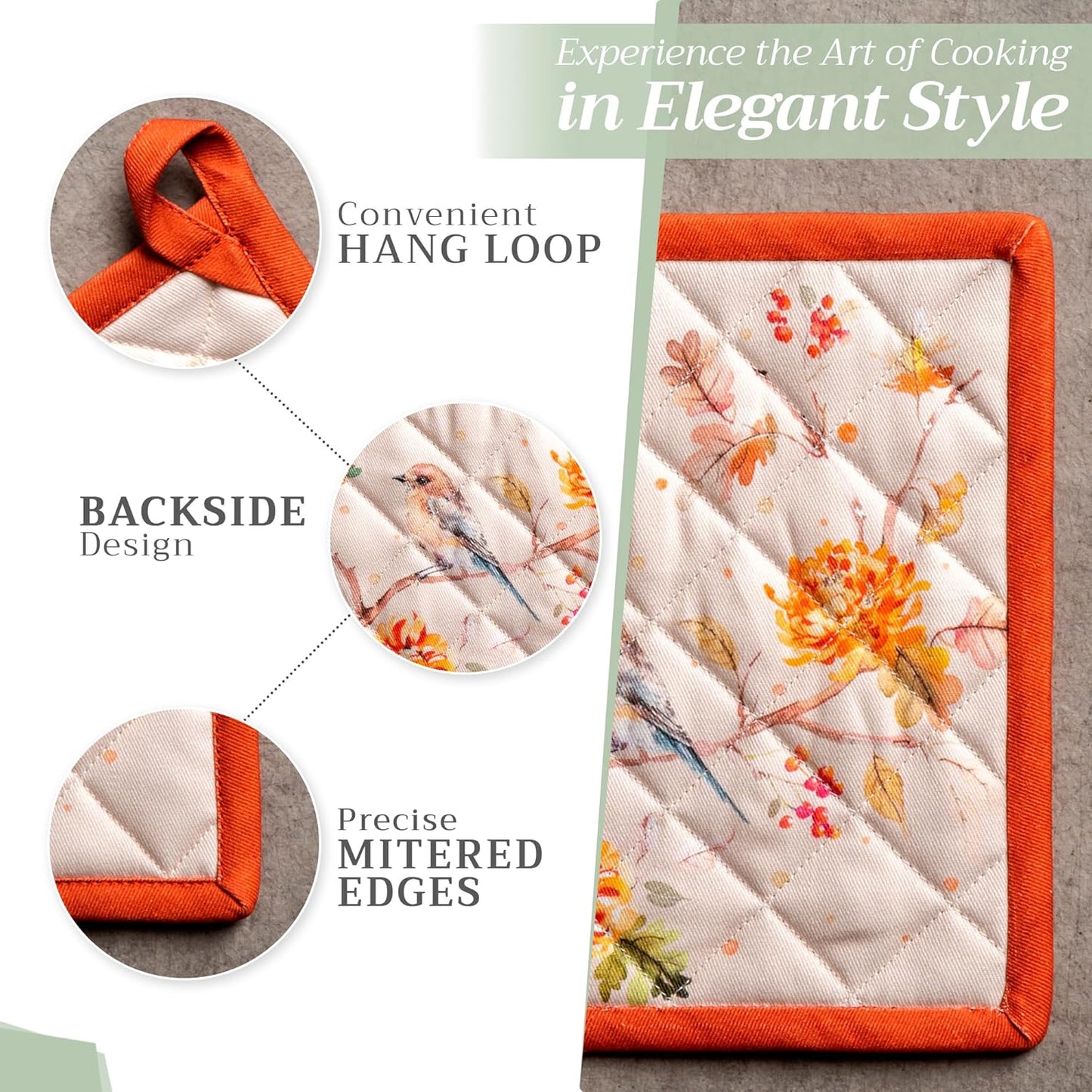 Maison d' Hermine Pot Holders Set 100% Cotton Heat Resistant Potholders 8" x 8" Hot Pads with Loop BBQ, Cooking, Baking, Grilling, Kitchen, Handling Hot Pans (Pack of 2, Kelim - Prairie)