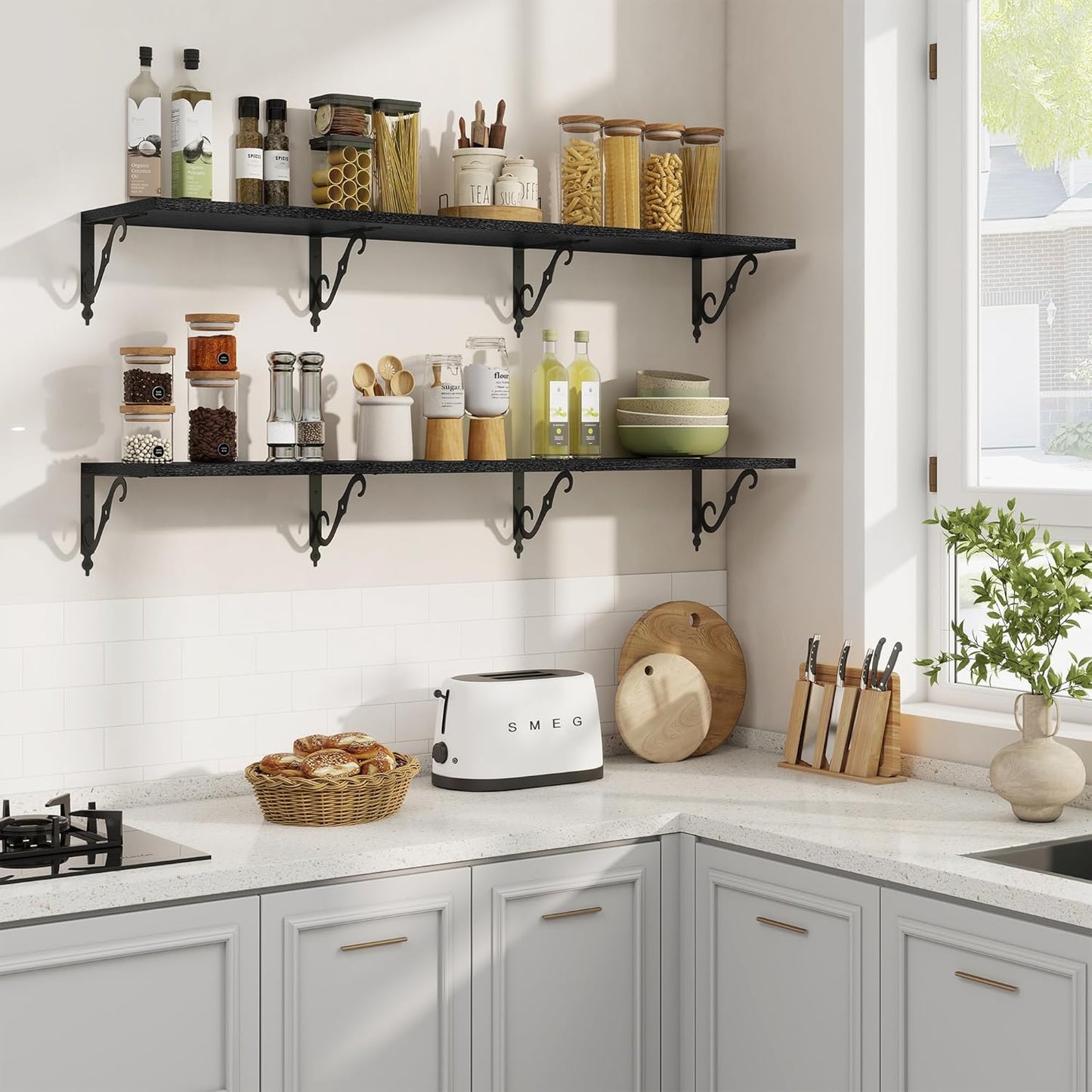 RICHFOCUS 12 Inch Deep Floating Shelves for Wall, 55" W x 12" D Black Wood Wall Shelves Set of 2, Wide Floating Shelves for Living Room, Bedroom, Kitchen, Bathroom and Decor Storage, Black