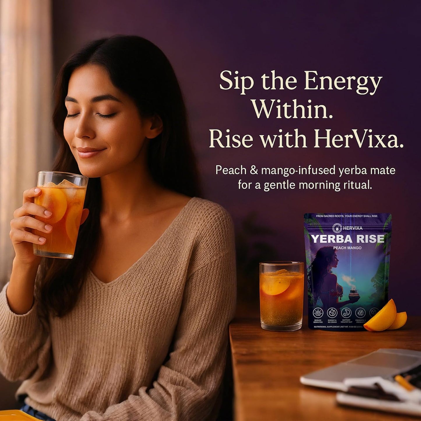 Yerba Mate Peach Mango Energy Tea Powder – Clean Plant-Based Focus Drink with Probiotics & Adaptogens – Low Sugar, No Crash, Smooth Taste – 30 Refreshing Servings