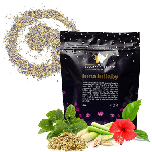 Luna Lullaby Sleep Tea, Organic Loose Leaf Herbal Tea – Calming, Relaxing Bedtime Tea – Chamomile, Valerian Root, Peppermint – 4 oz Resealable Bag (Makes 50 Cups) – The Elegant Elephant