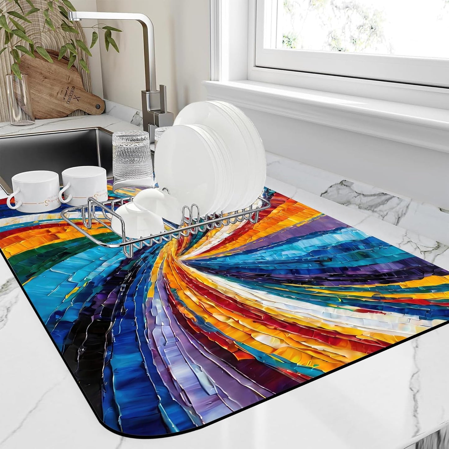 Kitchen Mat Swirl Colorful Textured Dish Drying Mat 12"x19" Bsorbent Coffee Maker Mat for Sink Dishes or Under Rack Kitchen Counter Accessories Absorbent Hide Stain Rubber Backed Dish Drying Pad
