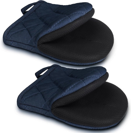 1 Pair Short Oven Mitts - Silicone Kitchen Oven Gloves High Heat Resistant 500℉, Mini Oven Mits with Non-Slip Grip Surfaces and Hanging Loop for BBQ, Baking, Cooking and Grilling (Dark Blue)