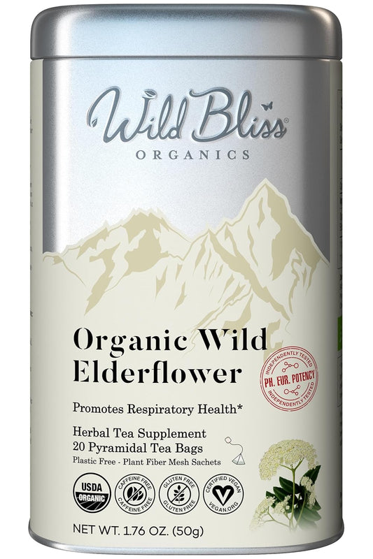 Wild Bliss Organic Elderflower Herbal Tea - Caffeine Free Elder Flowers Tisane - Pharmacopoeia Potency - 20 Plant Based Tea Bags