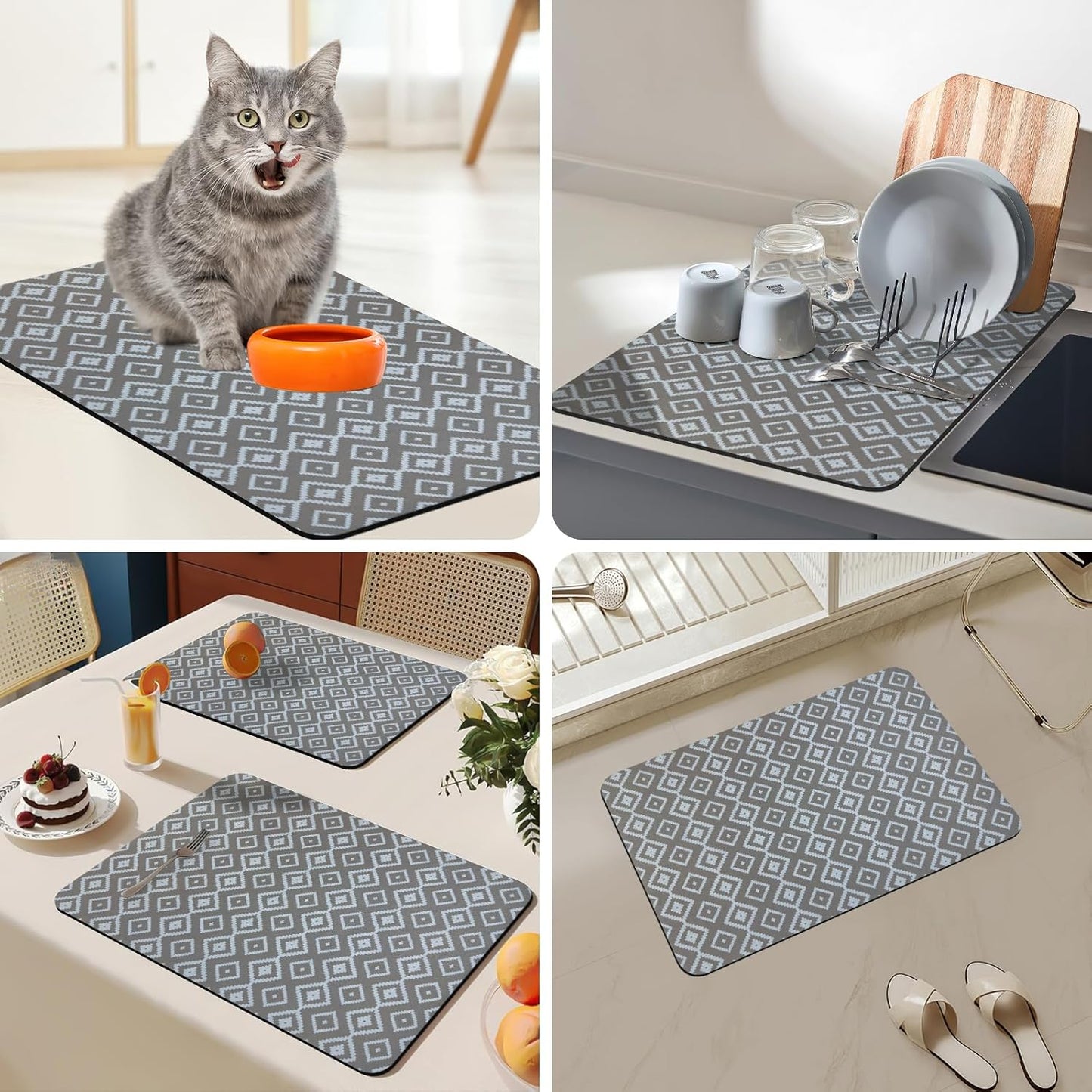 Bloss Dish Drying Mat, 2025 Multiple Usage Coffee Bar Mat, Kitchen Counter Mat, Absorbent Hide Stain Rubber Backed Dish Drying Pad(16.1"x24.1", Gray-White Plaid)