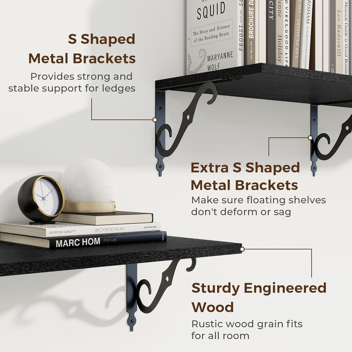 RICHFOCUS 12 Inch Deep Floating Shelves for Wall, 55" W x 12" D Black Wood Wall Shelves Set of 2, Wide Floating Shelves for Living Room, Bedroom, Kitchen, Bathroom and Decor Storage, Black