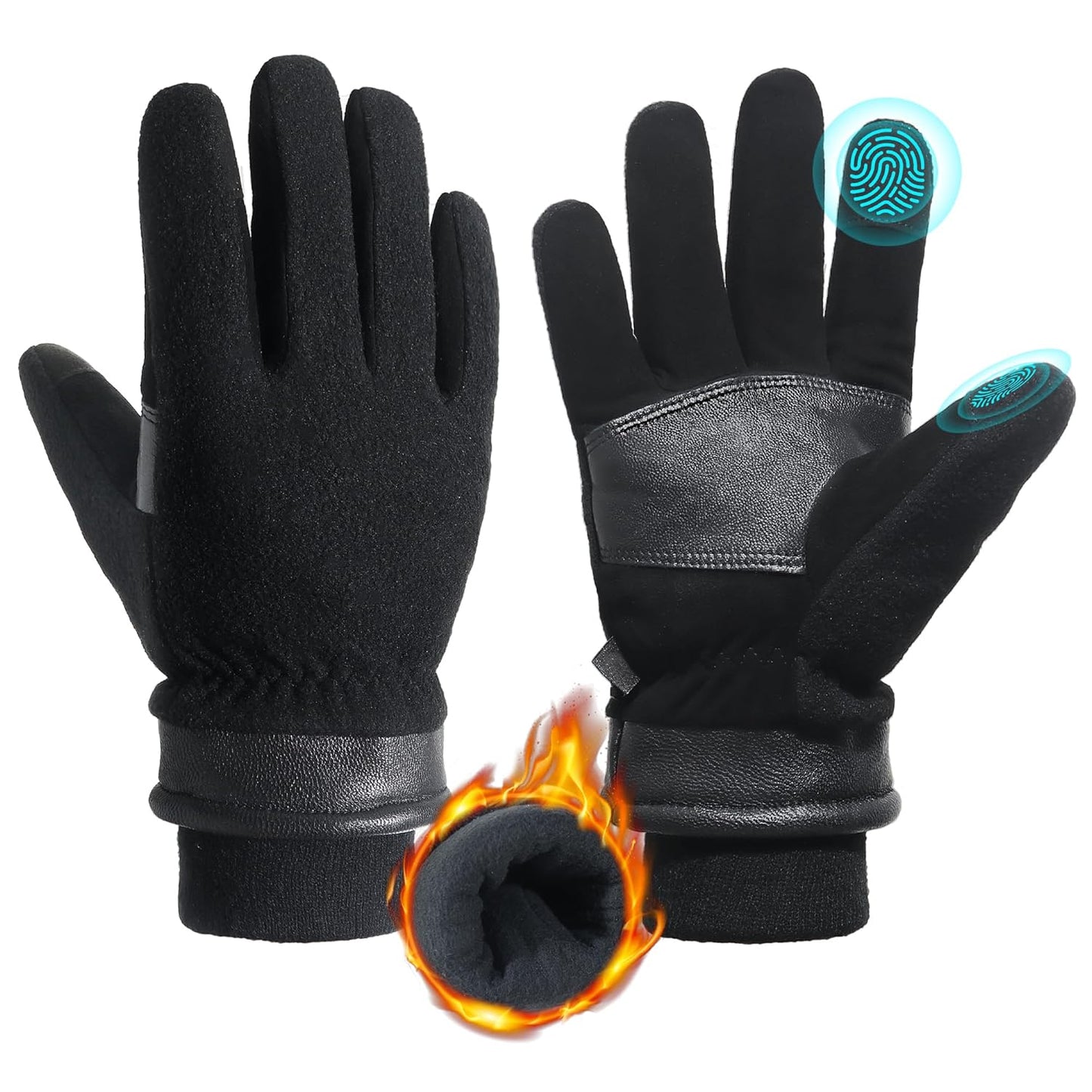 HANDLANDY Winter Gloves for Men Women, Thermal Gloves for Cold Weather Driving Cycling Ski Outdoor, Insulated Leather Work Gloves (Large, Black)