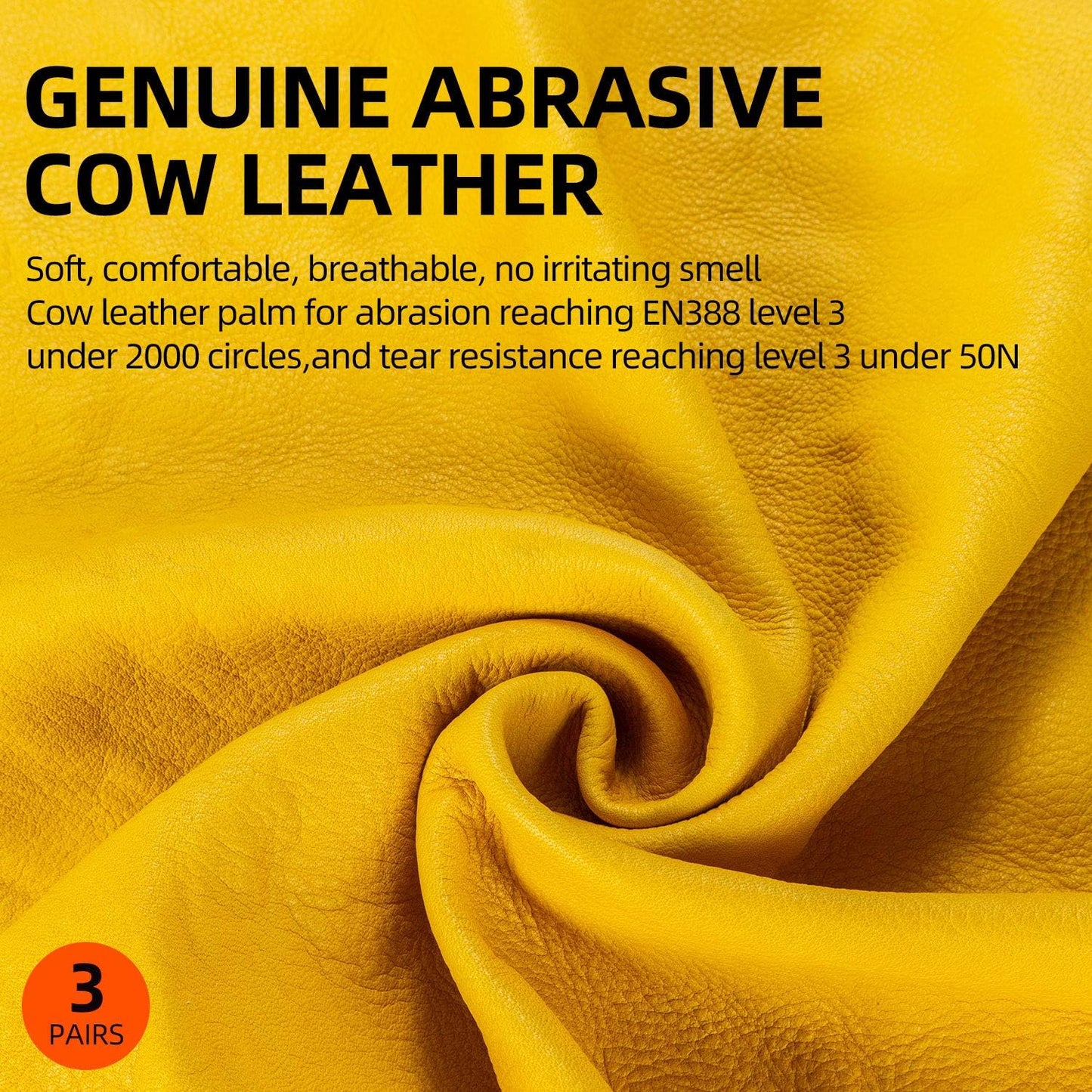 Vgo... 3-Pairs Unlined Cow Grain Leather Work and Driver Gloves with Cow Split Leather Palm Patch (Size M, Gold,CA9590)