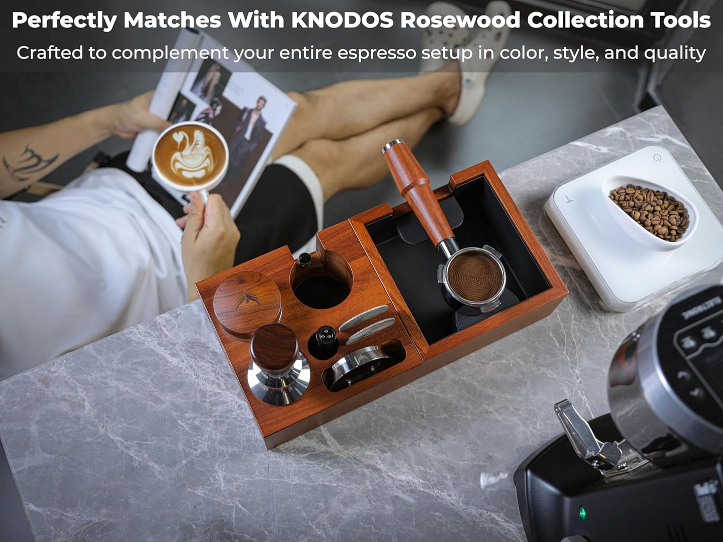 58mm Espresso Knock Box Set – Rosewood Tamping Station Organizer & Coffee Grounds Bin | Professional Espresso Accessories for 58mm Portafilter Machines