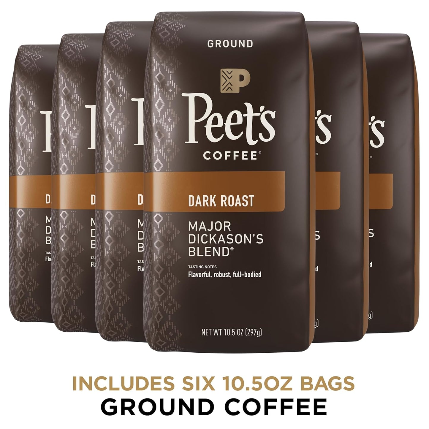 Peet's Coffee, Dark Roast Ground Coffee - Major Dickason's Blend 63 Ounces (6 Bags of 10.5 Ounces)