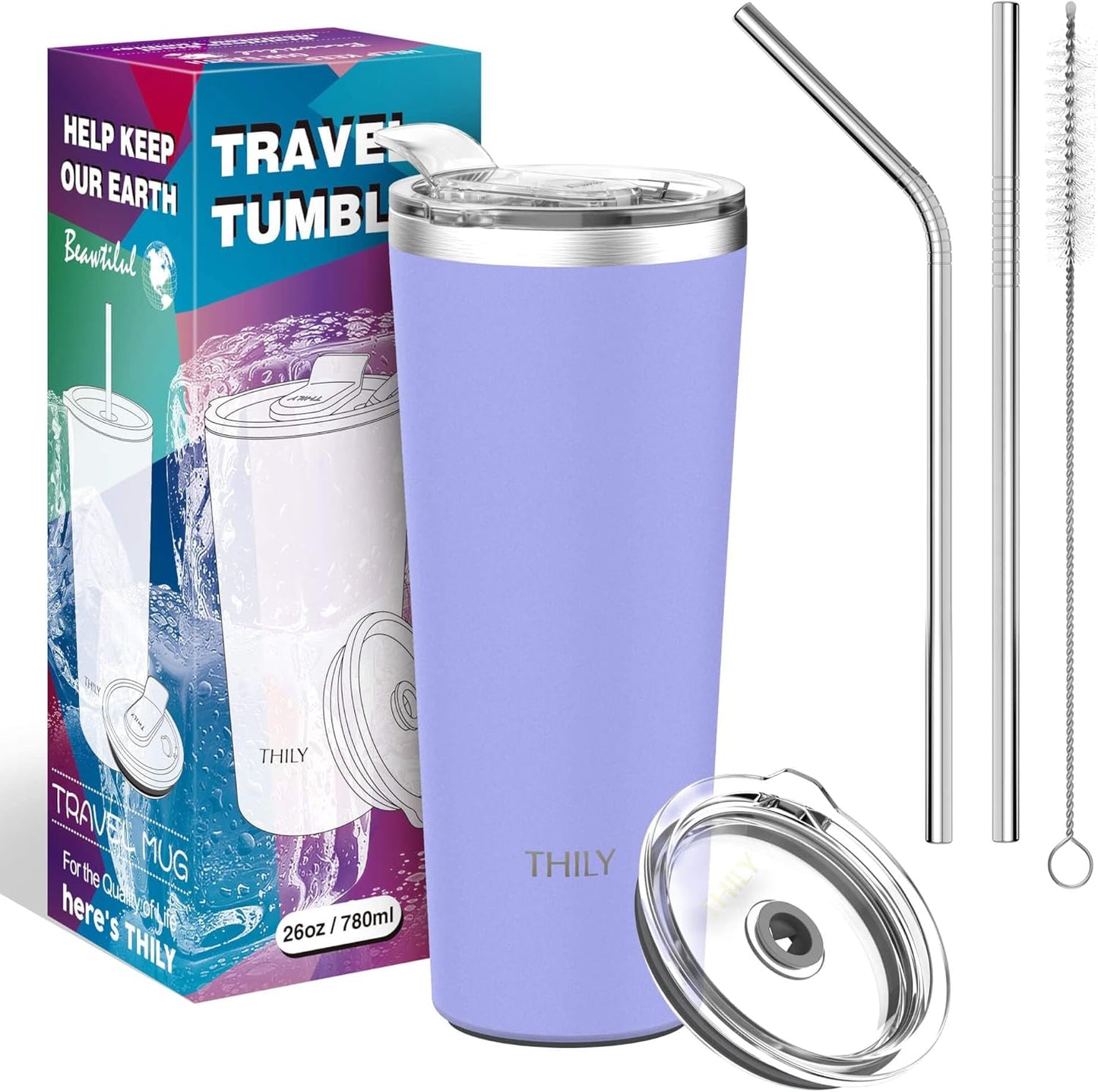 THILY Tumbler Stainless Steel Travel Mug 26 oz Triple-Insulated Coffee Cup with 2 Lids and Straws, Reusable, Powder Coated, Splash-Proof, Keep Ice Drinks Cold, Lavender