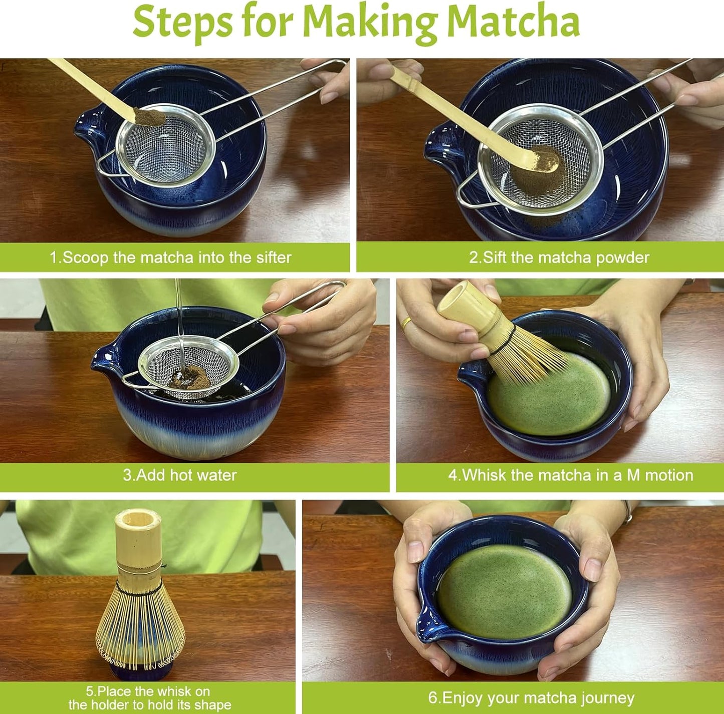 Matcha Whisk Set,6Pcs Matcha Kit Includes Matcha Whisk and Holder,Matcha Bowl with Spout,Matcha Sifter and 2Pcs Matcha Spoon,Suitable as a gift for those who like matcha (Gradient Blue)