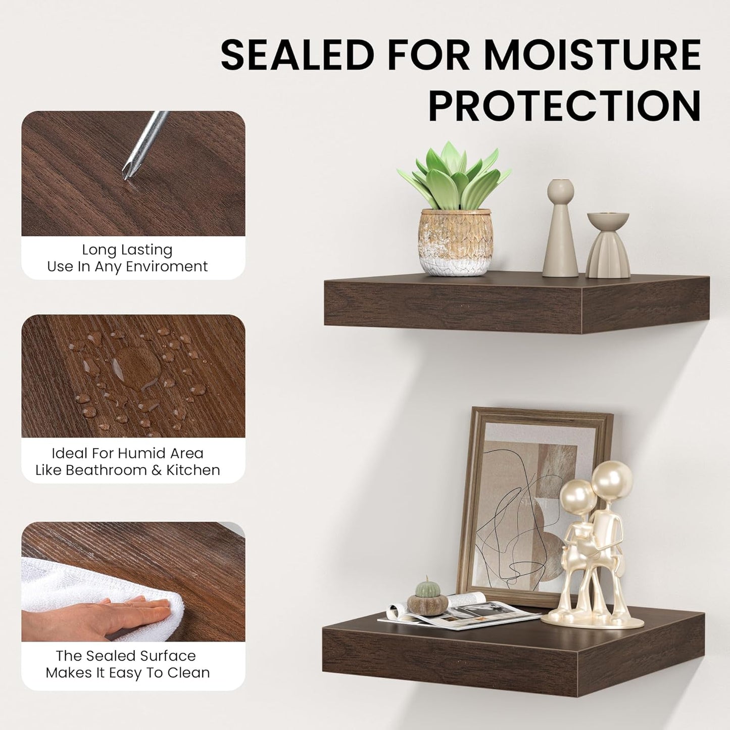 Square Floating Shelves for Wall, 12" W x 12" D x 1.2" H, Small Wooden Wall Mounted Display Shelves with Invisible Brackets for Living Room, Bedroom, Bathroom, Kitchen Decor, Set of 3, Walnut