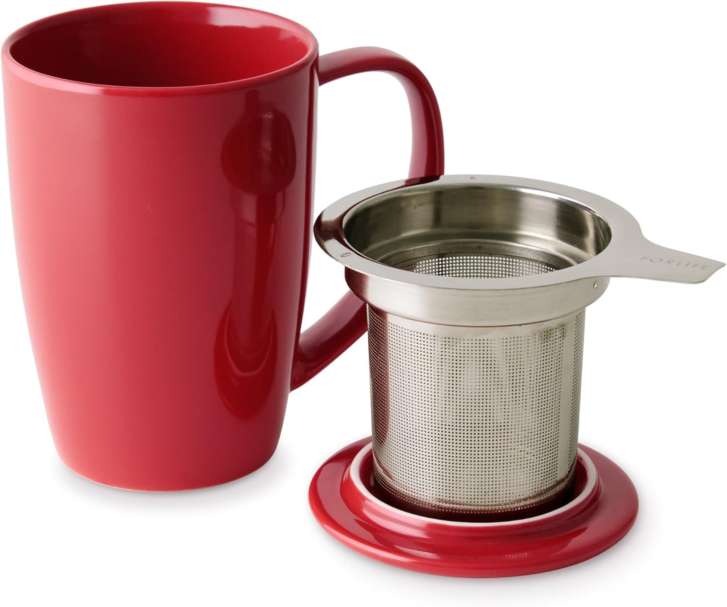 FORLIFE Curve Tall Tea Mug with Infuser and Lid 15 ounces, Red