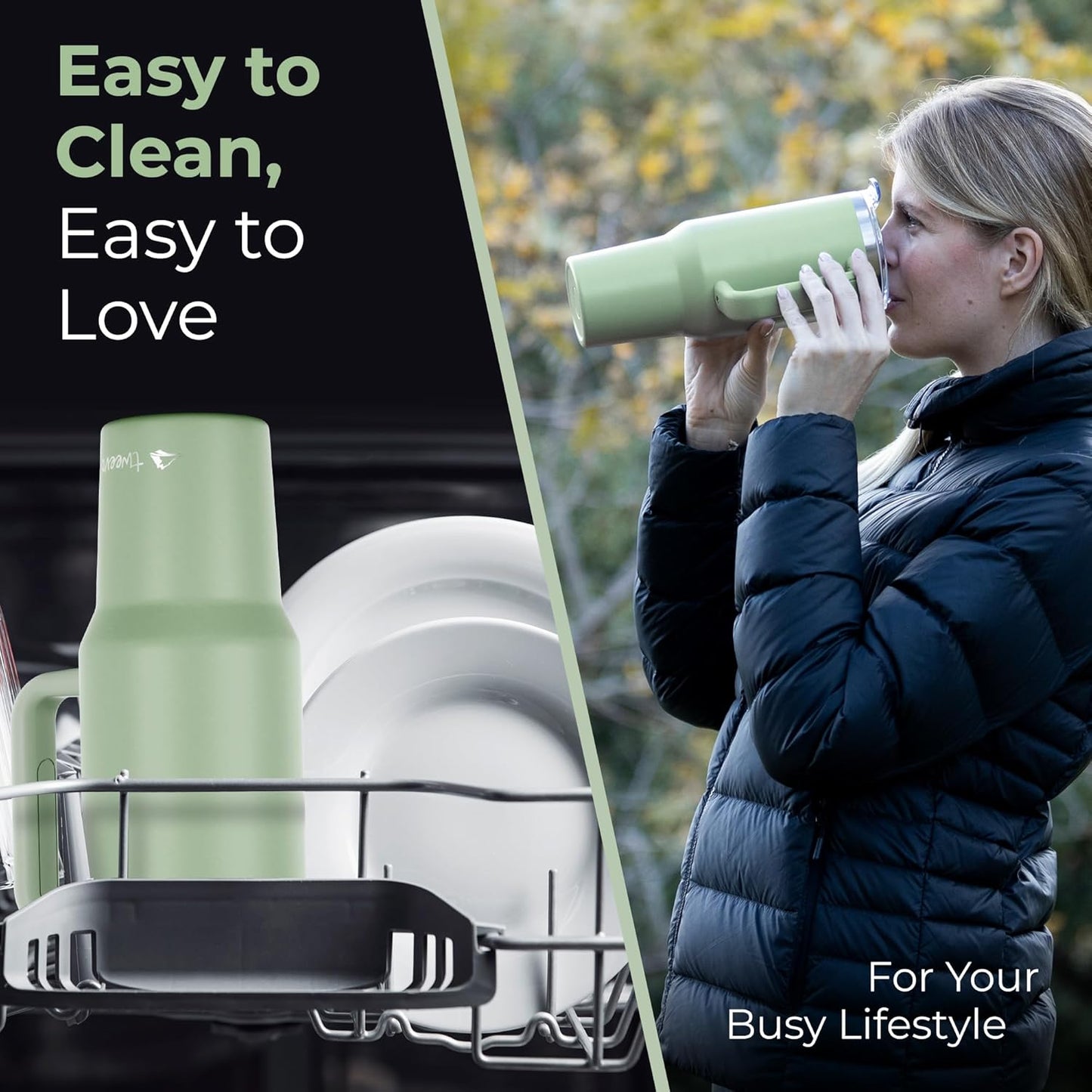 40 oz Tumbler With Handle and Straw Made of Stainless Steel - Double Wall Vacuum Insulated Tumbler With Lid - Sweat Proof Easy Grip, BPA-Free, Dishwasher Safe Tumbler (Sea Sage)