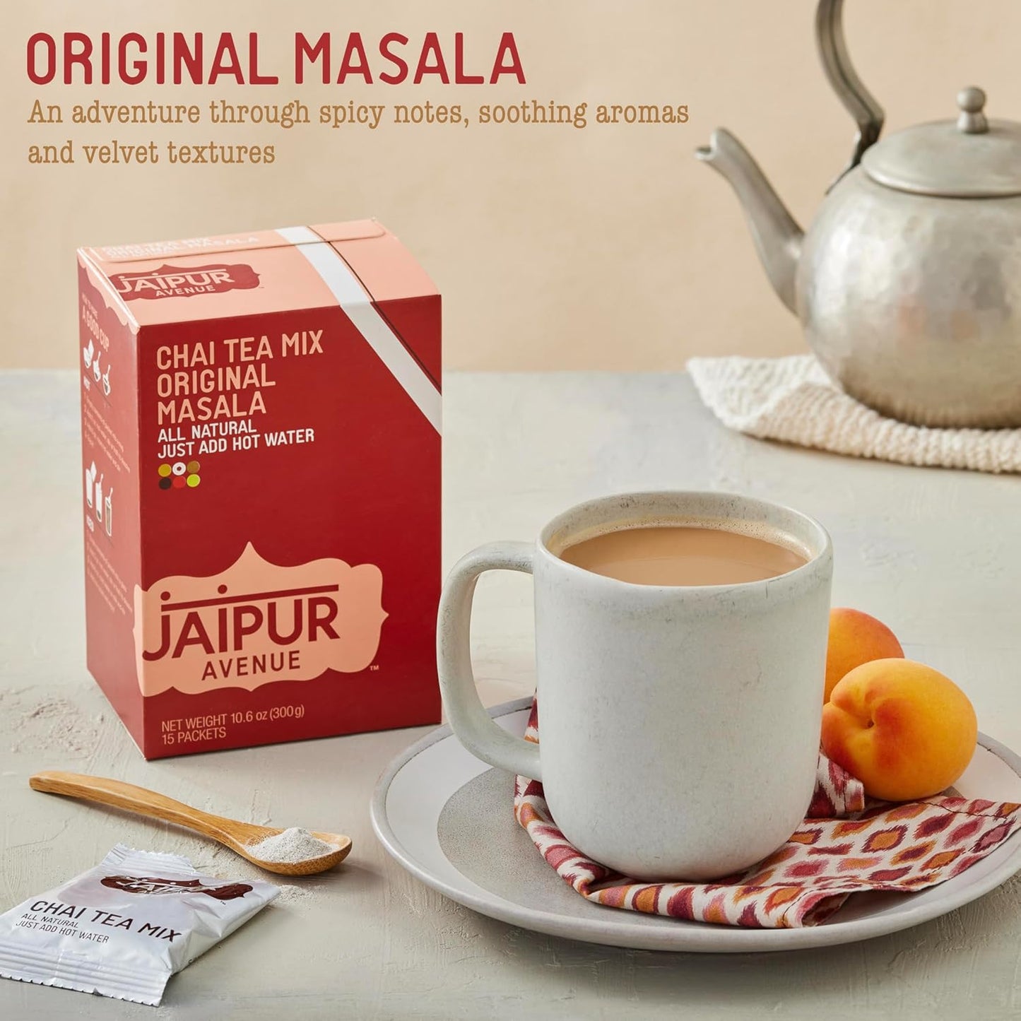 Jaipur Avenue Masala Chai Tea Mix Crafted with All-Natural Assam Black Tea, Masala, Cane Sugar, and Premium Dry Milk - Preservative-Free, Gluten-Free, Authentic Indian Chai Tea Latte (15 Servings)