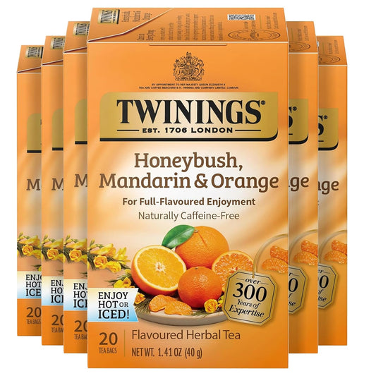 Twinings Honeybush, Mandarin, & Orange Herbal Tea Individually Wrapped Bags, 20 Count (Pack of 6), Naturally Caffeine-Free, Enjoy Hot or Iced, 120 Teabags