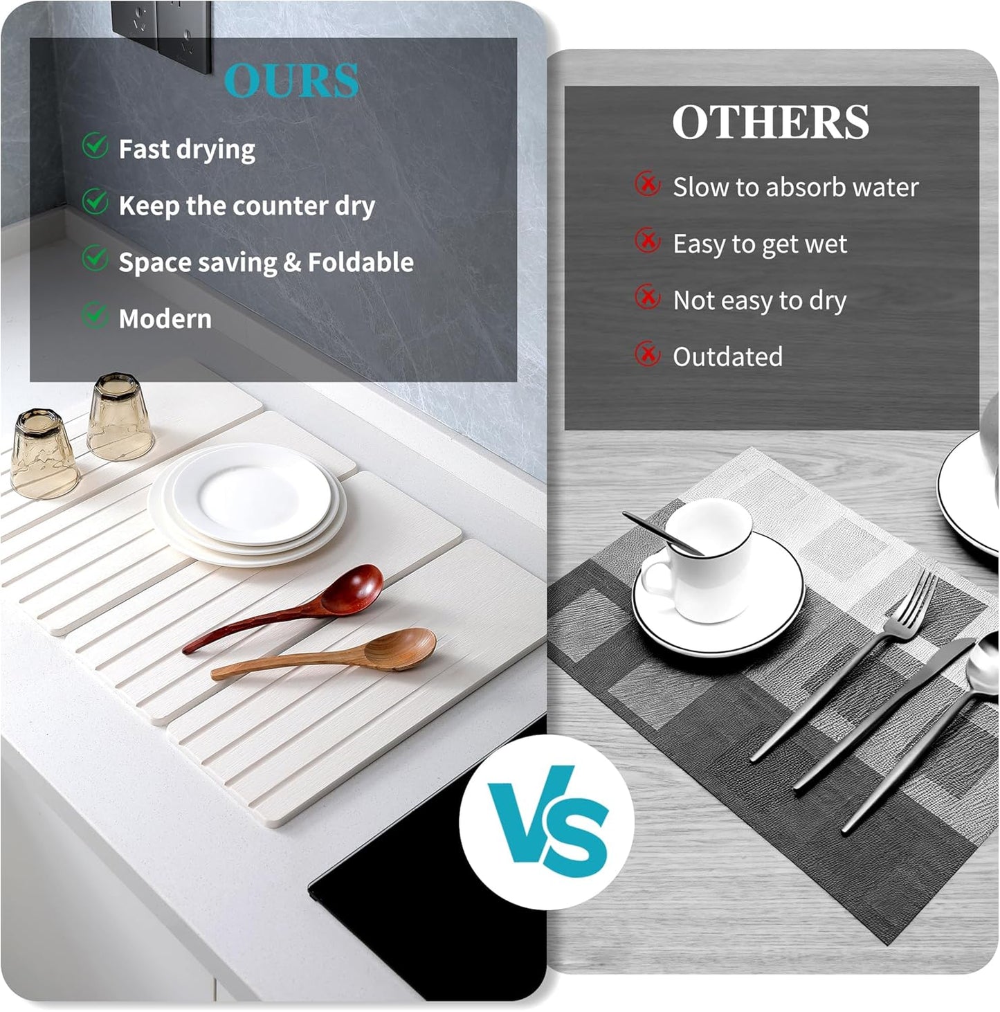 Extral Large Quick Dry Stone Drying Mat for Kitchen Counter,28x16 Inch Collapsible Eco-Friendly Absorbent Diatomaceous Earth Mat for Dishes Cups (White-Upgraded Version, 16x12 inch)