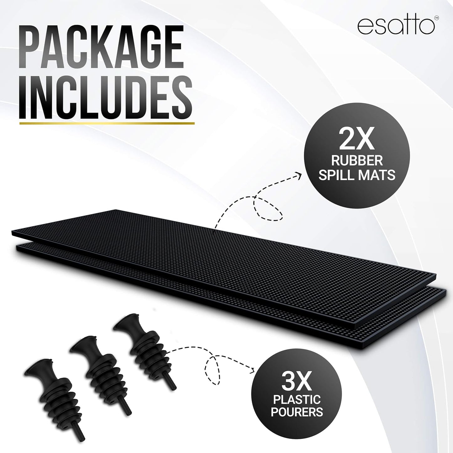 Esatto 23.375” x 7.75” Double Width Professional Spill Bar Supply Mat Bartender Non-Slip Black Bar Mat Coffee Drinks Mixing Pad for Bars, Home, Kitchen, Restaurants (2 Pack, Black) Includes 3 Pourers